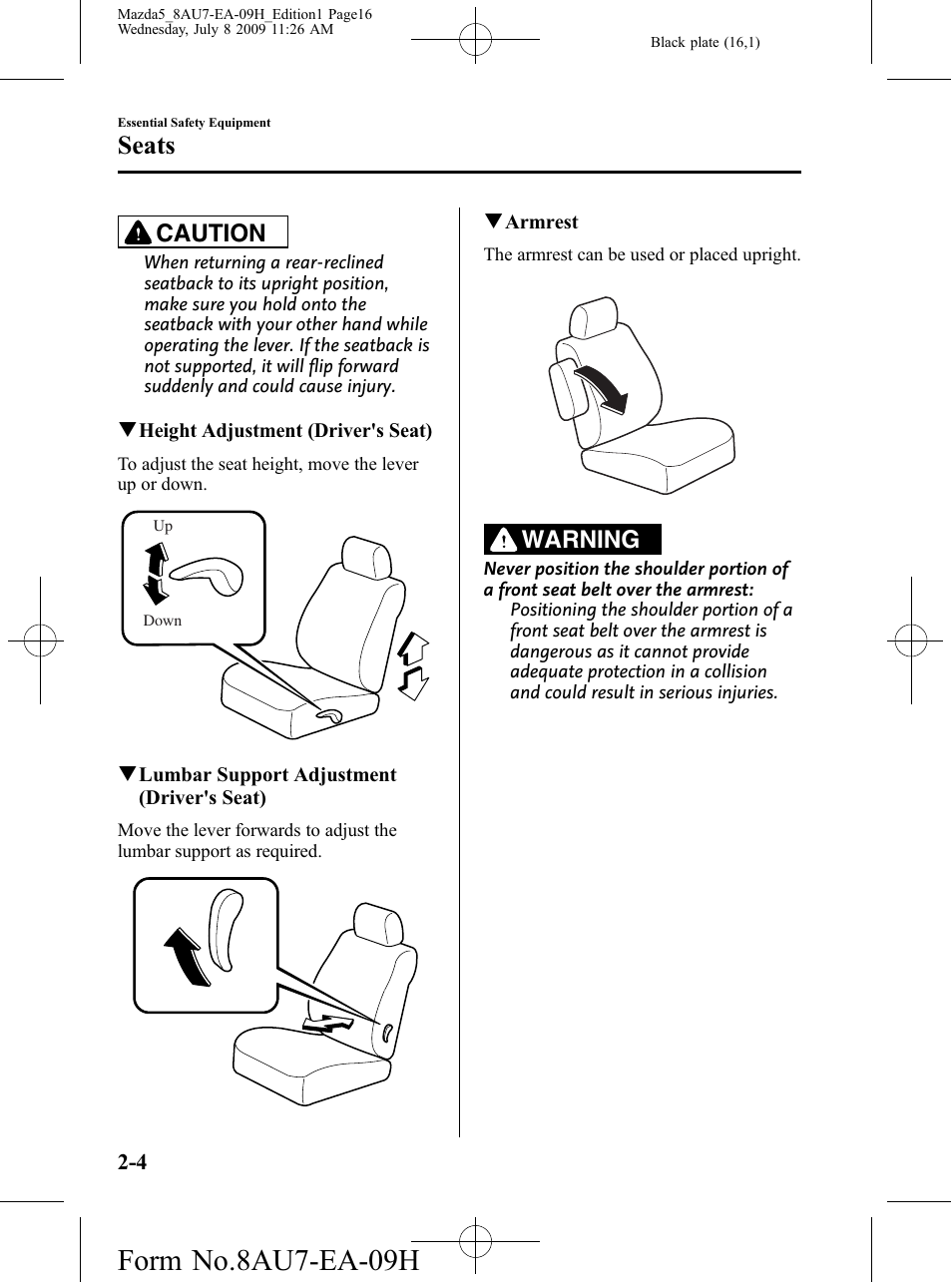 Form no.8au7-ea-09h, Seats, Caution | Warning | Mazda 2010 5 User Manual | Page 16 / 388