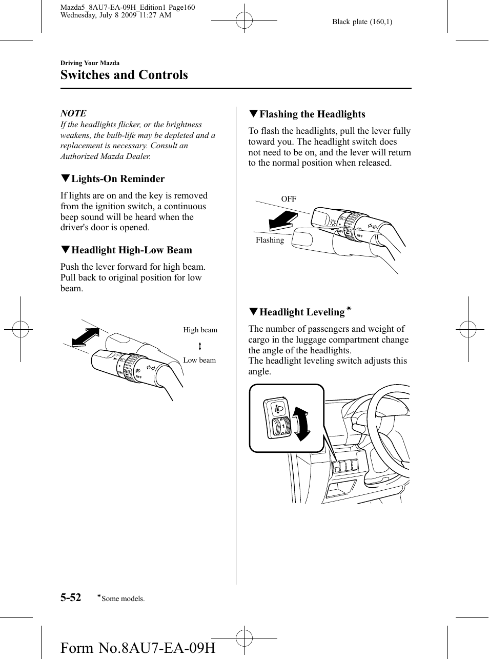 Form no.8au7-ea-09h, Switches and controls | Mazda 2010 5 User Manual | Page 160 / 388