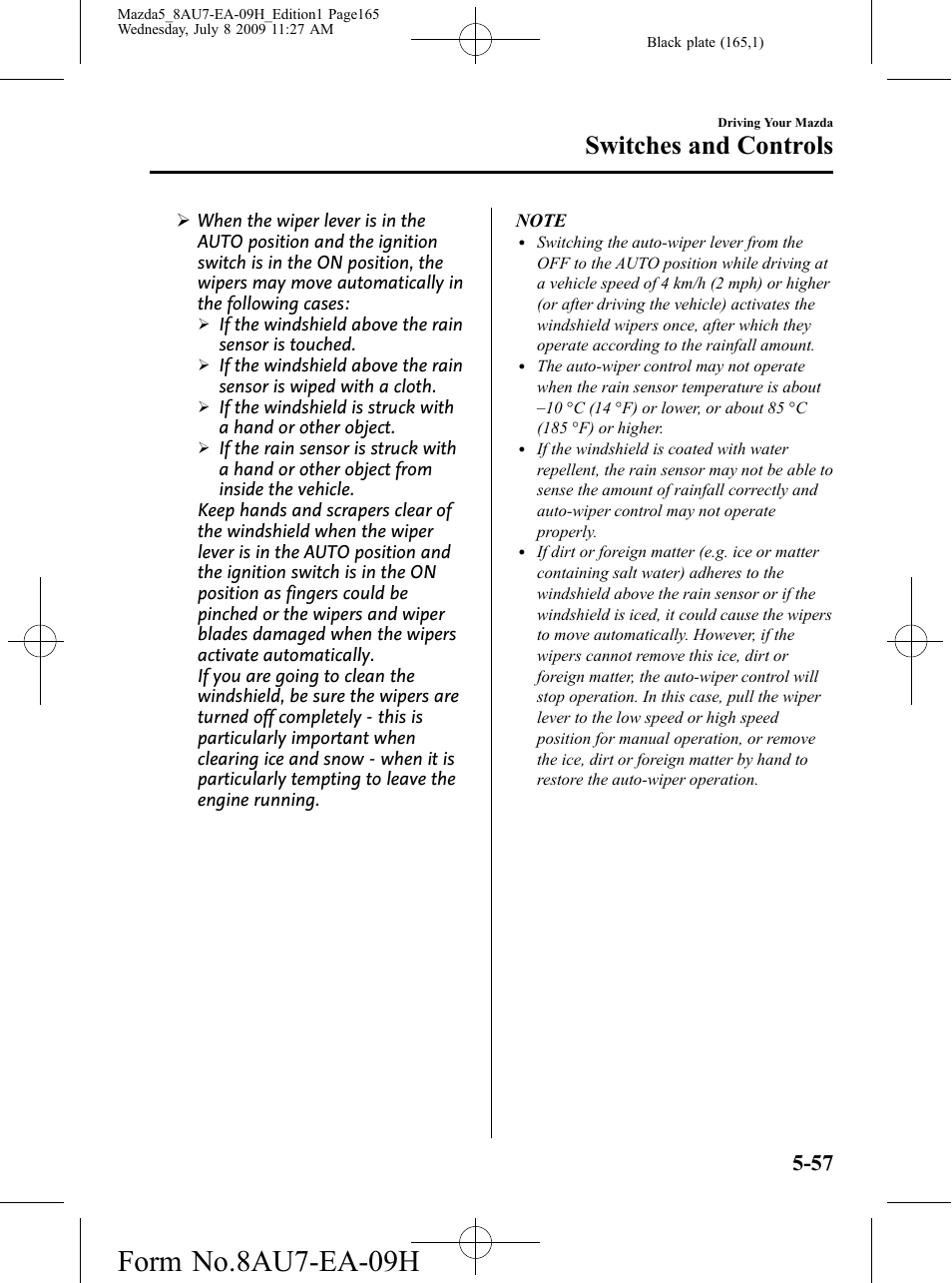 Form no.8au7-ea-09h, Switches and controls | Mazda 2010 5 User Manual | Page 165 / 388