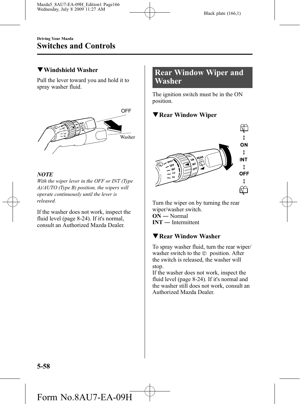 Rear window wiper and washer, Rear window wiper and washer -58, Form no.8au7-ea-09h | Switches and controls | Mazda 2010 5 User Manual | Page 166 / 388