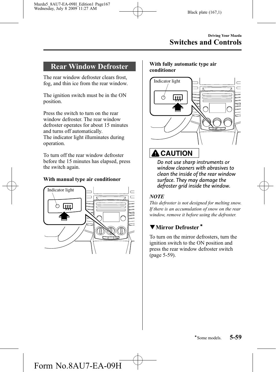 Rear window defroster, Rear window defroster -59, Form no.8au7-ea-09h | Switches and controls, Caution | Mazda 2010 5 User Manual | Page 167 / 388