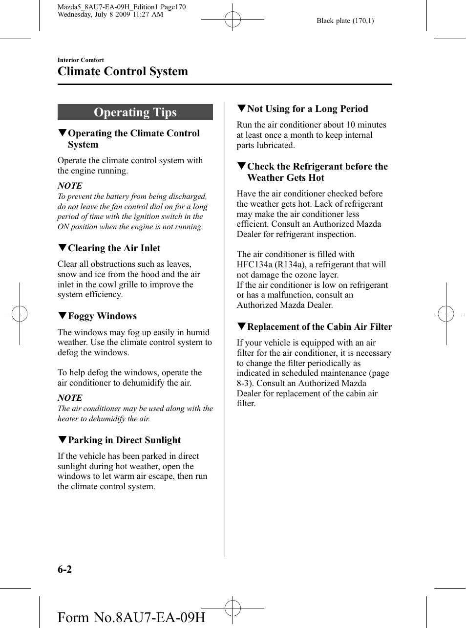 Climate control system, Operating tips, Climate control system -2 | Operating tips -2, Form no.8au7-ea-09h | Mazda 2010 5 User Manual | Page 170 / 388