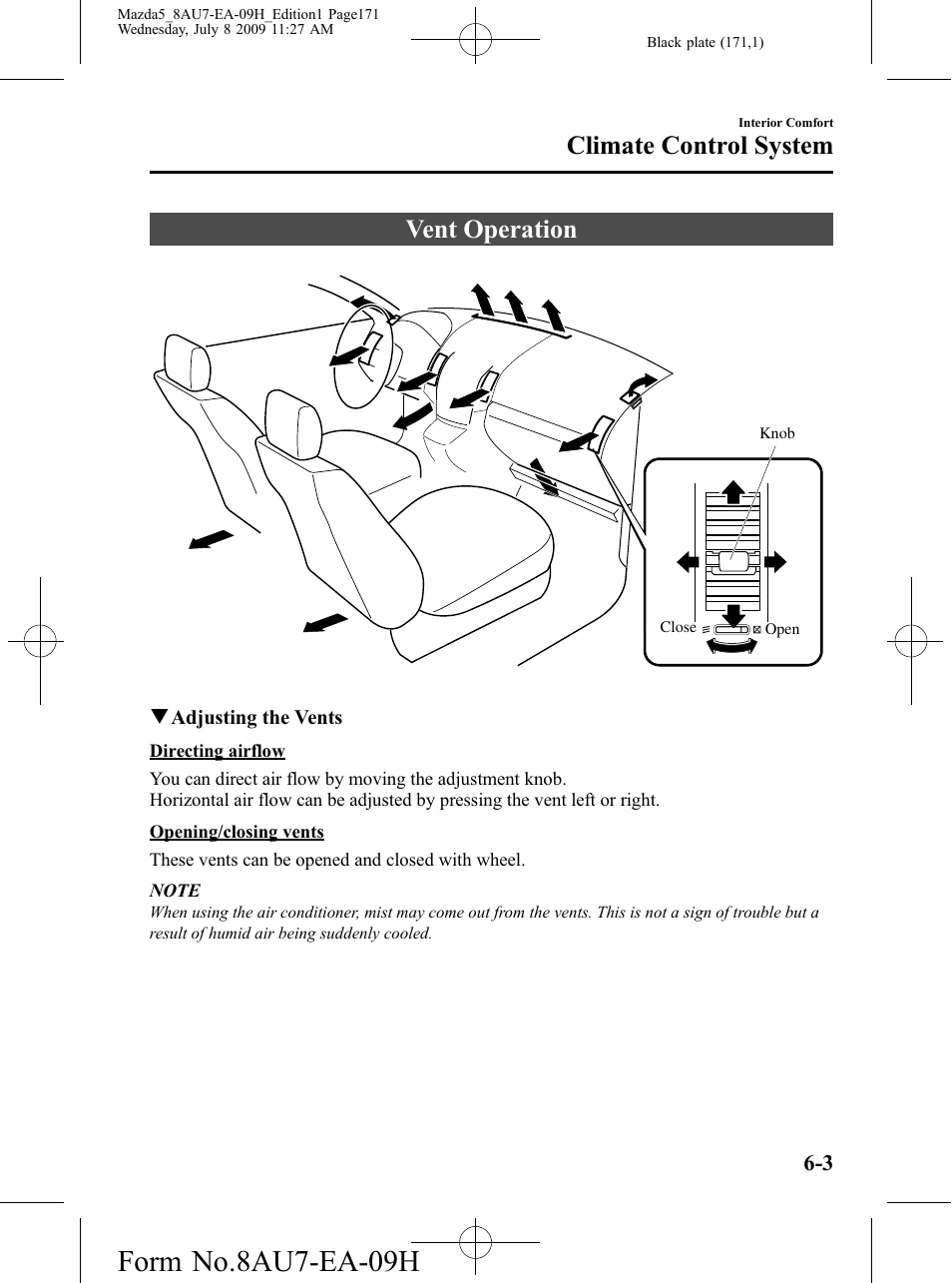 Vent operation, Vent operation -3, Form no.8au7-ea-09h | Climate control system | Mazda 2010 5 User Manual | Page 171 / 388
