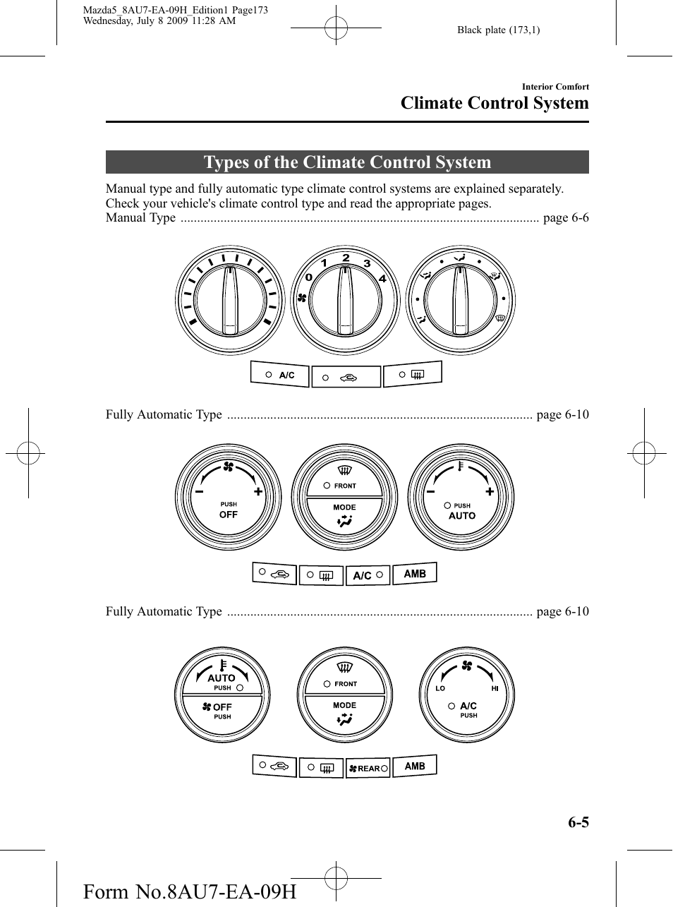 Types of the climate control system, Types of the climate control system -5, Form no.8au7-ea-09h | Climate control system | Mazda 2010 5 User Manual | Page 173 / 388