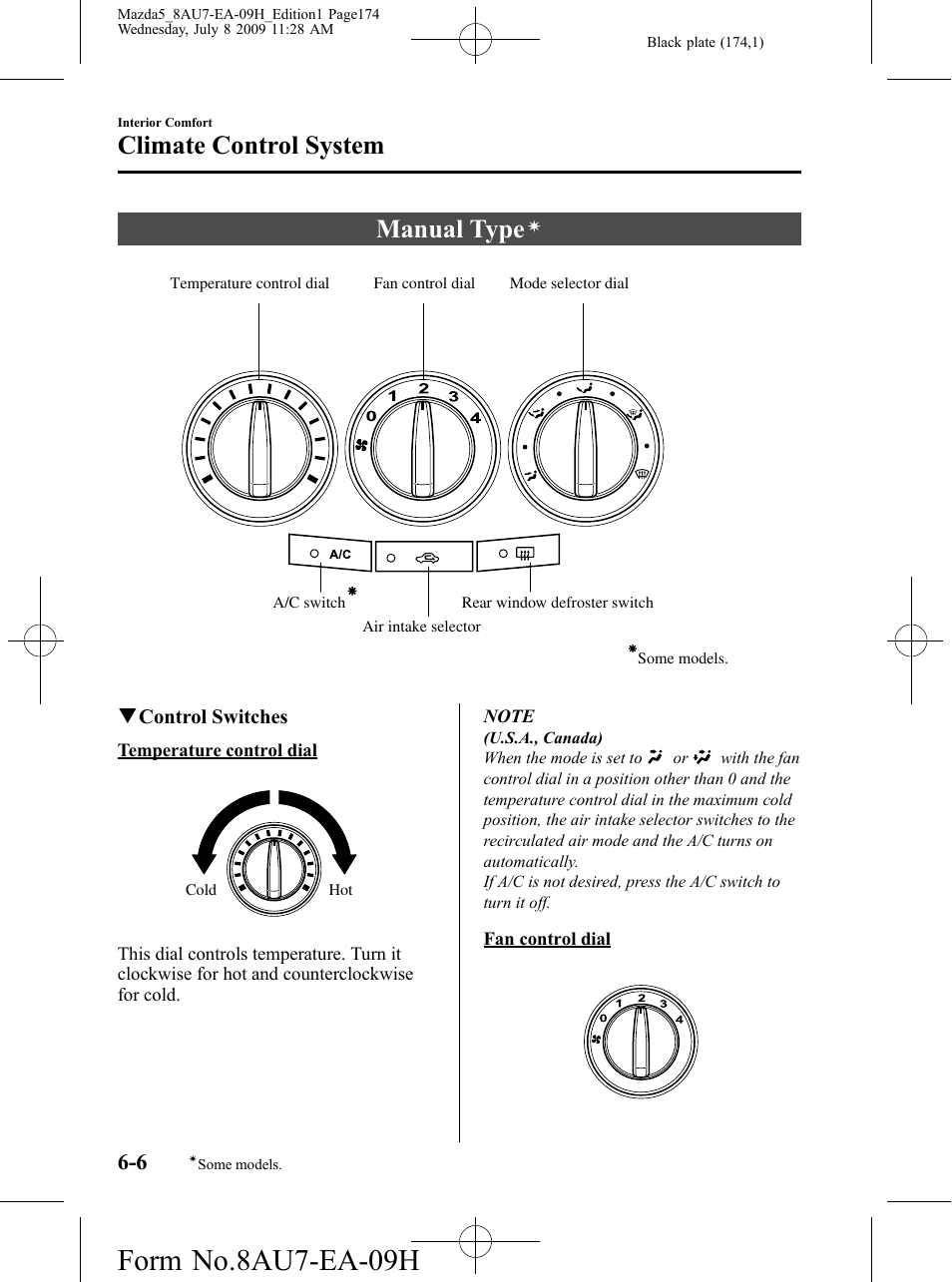 Manual type, Form no.8au7-ea-09h, Climate control system | Mazda 2010 5 User Manual | Page 174 / 388