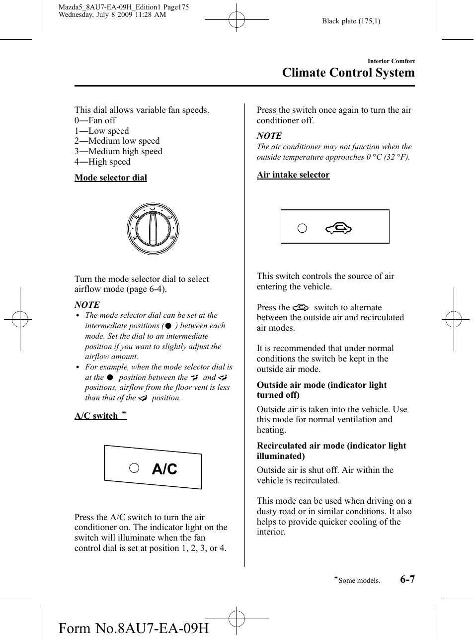 Form no.8au7-ea-09h, Climate control system | Mazda 2010 5 User Manual | Page 175 / 388