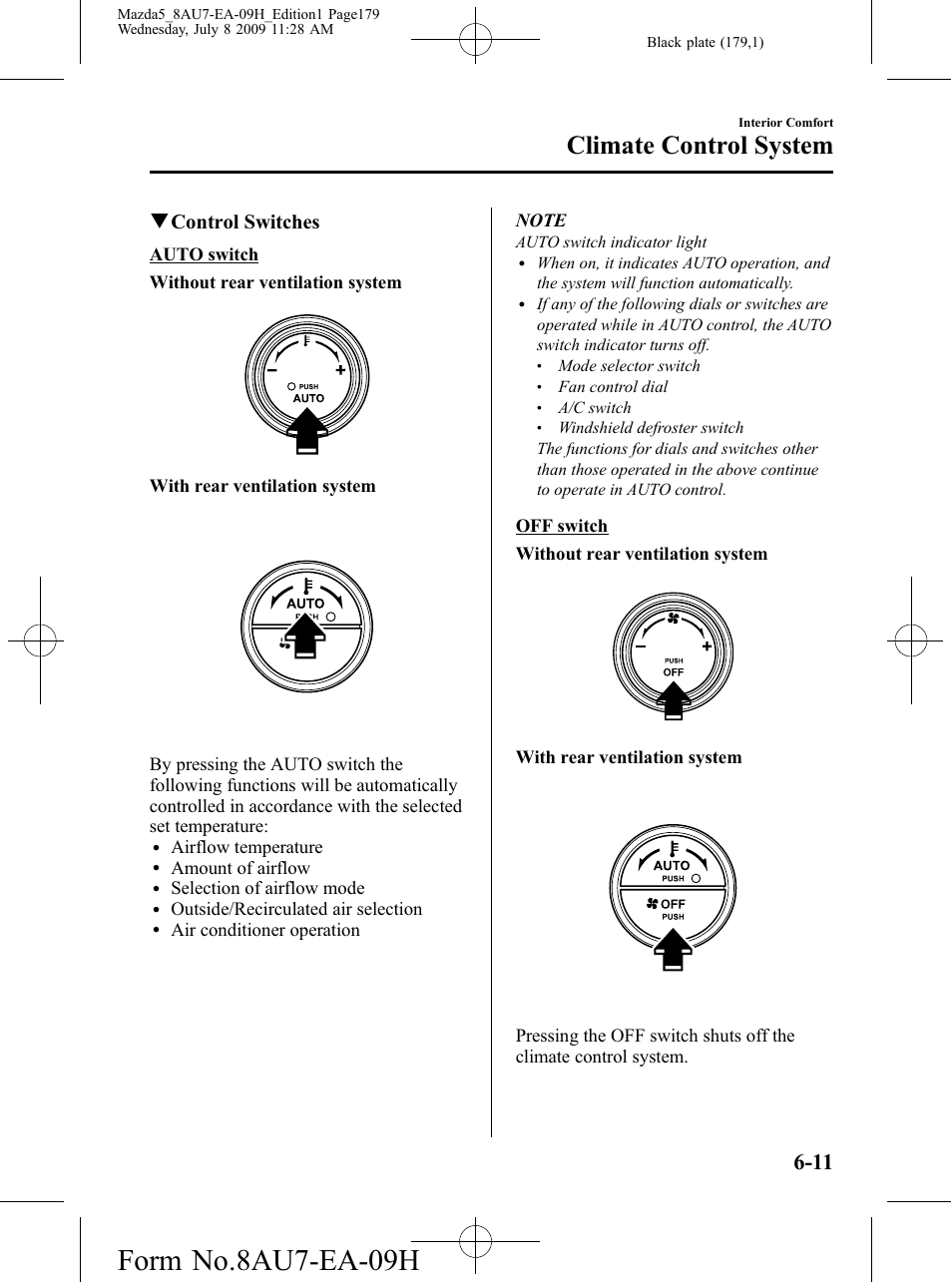 Form no.8au7-ea-09h, Climate control system, Qcontrol switches | Mazda 2010 5 User Manual | Page 179 / 388