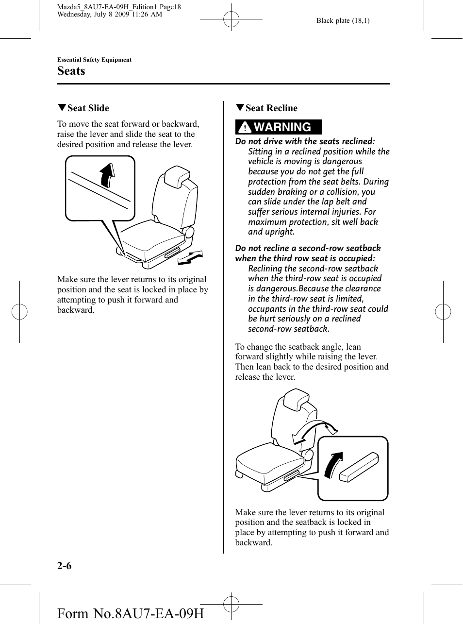 Form no.8au7-ea-09h, Seats, Warning | Mazda 2010 5 User Manual | Page 18 / 388