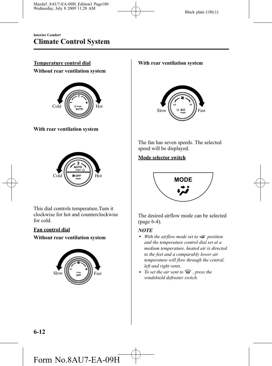Form no.8au7-ea-09h, Climate control system | Mazda 2010 5 User Manual | Page 180 / 388