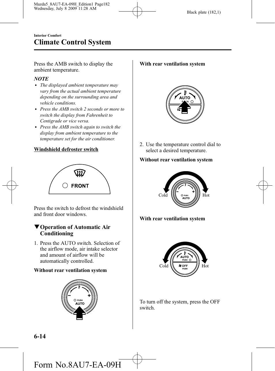 Form no.8au7-ea-09h, Climate control system | Mazda 2010 5 User Manual | Page 182 / 388