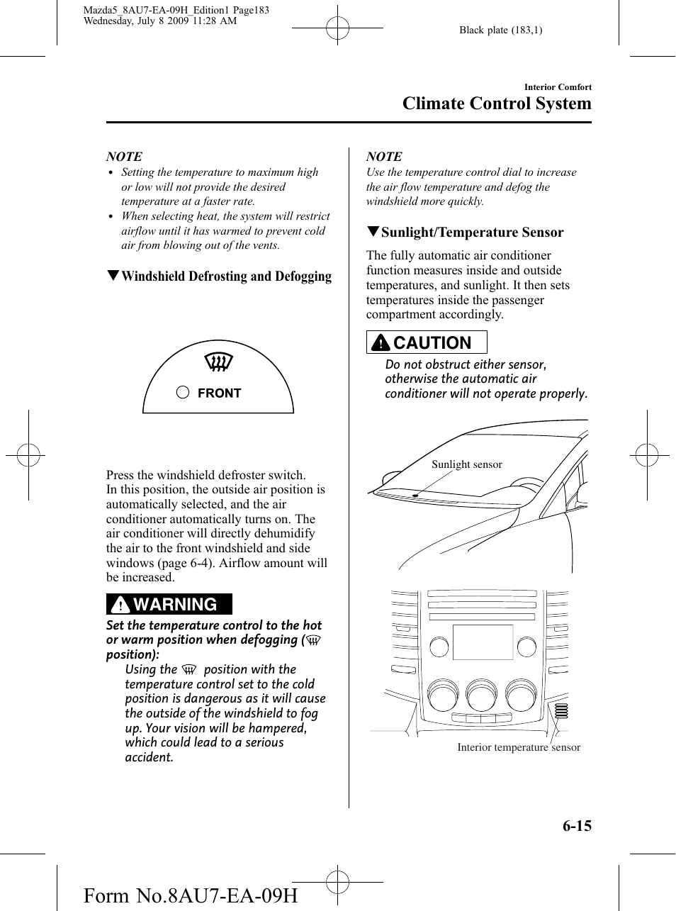 Form no.8au7-ea-09h, Climate control system, Warning | Caution | Mazda 2010 5 User Manual | Page 183 / 388
