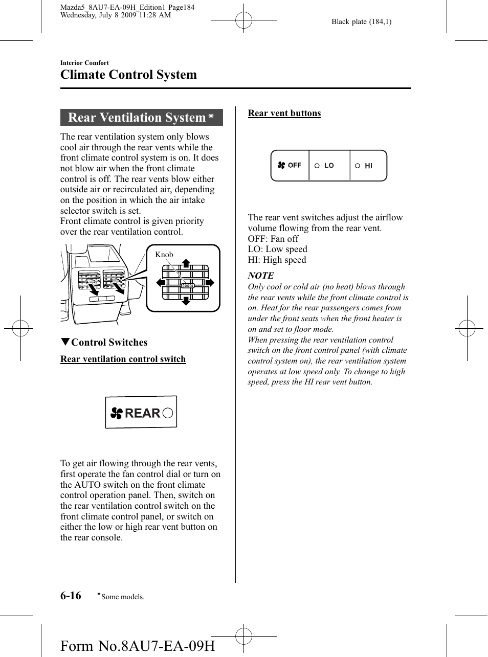 Rear ventilation system, Form no.8au7-ea-09h, Climate control system | Mazda 2010 5 User Manual | Page 184 / 388