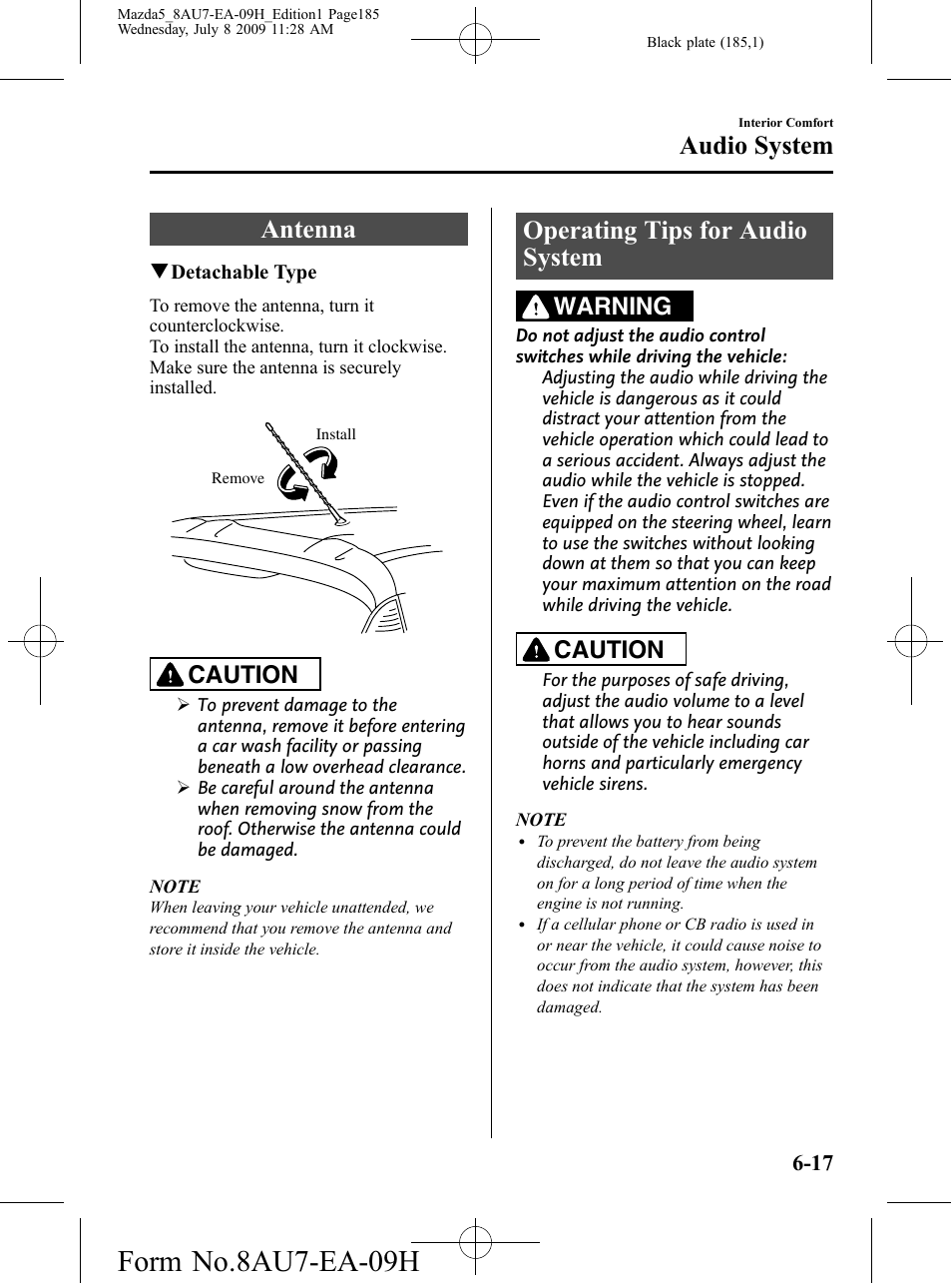 Audio system, Antenna, Operating tips for audio system | Audio system -17, Antenna -17 operating tips for audio system -17, Form no.8au7-ea-09h, Caution, Warning | Mazda 2010 5 User Manual | Page 185 / 388