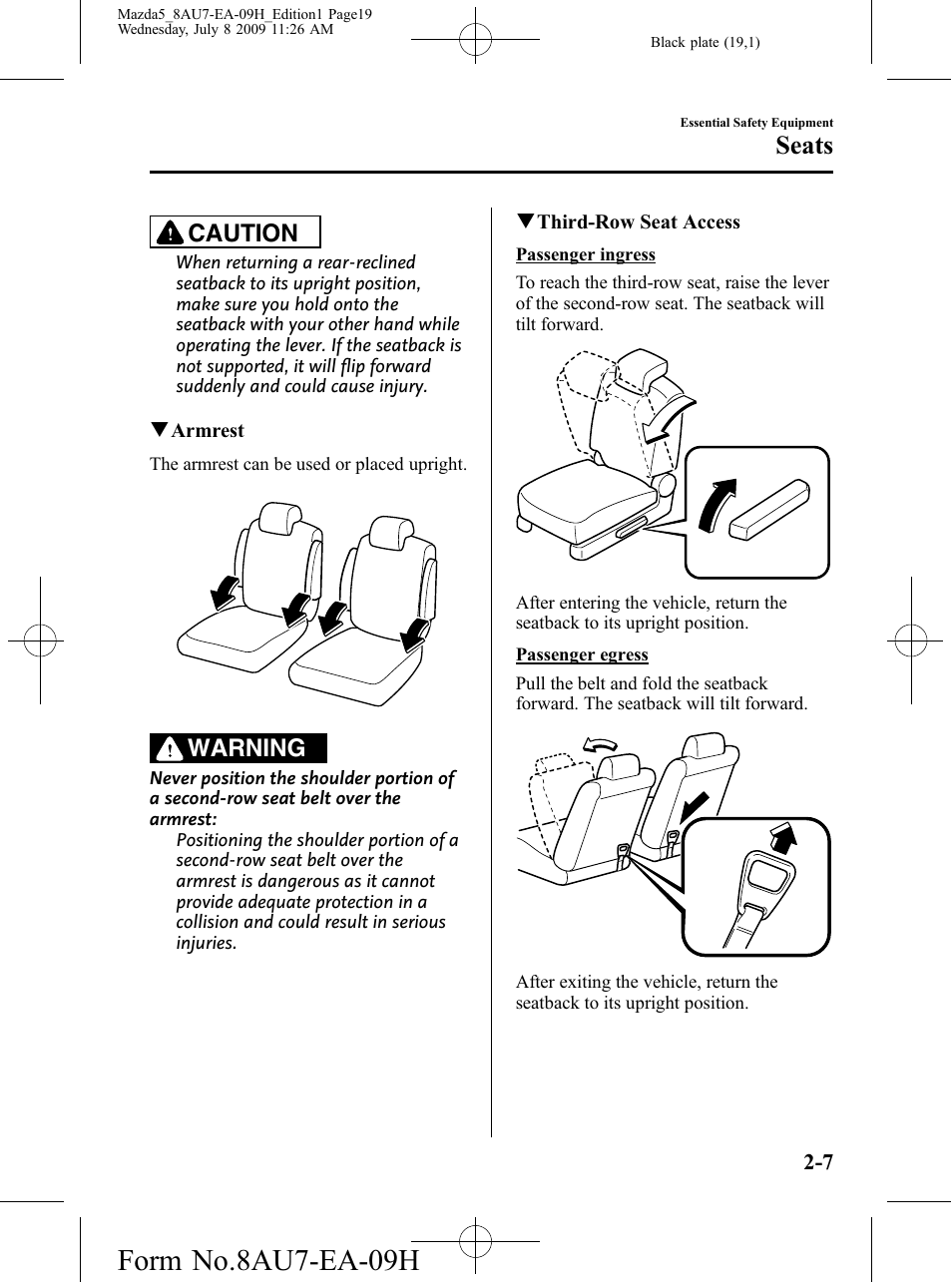 Form no.8au7-ea-09h, Seats, Caution | Warning | Mazda 2010 5 User Manual | Page 19 / 388
