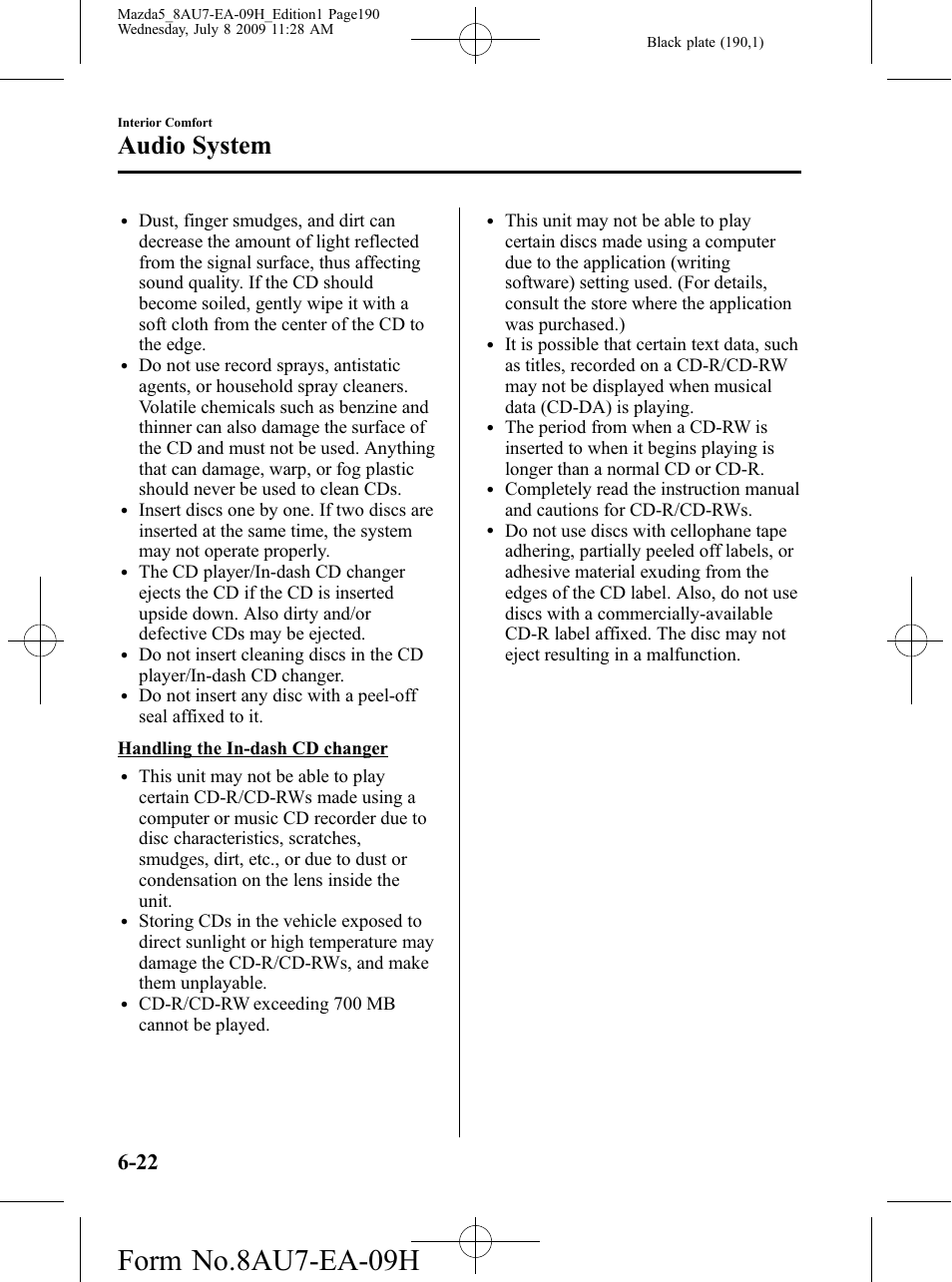 Form no.8au7-ea-09h, Audio system | Mazda 2010 5 User Manual | Page 190 / 388