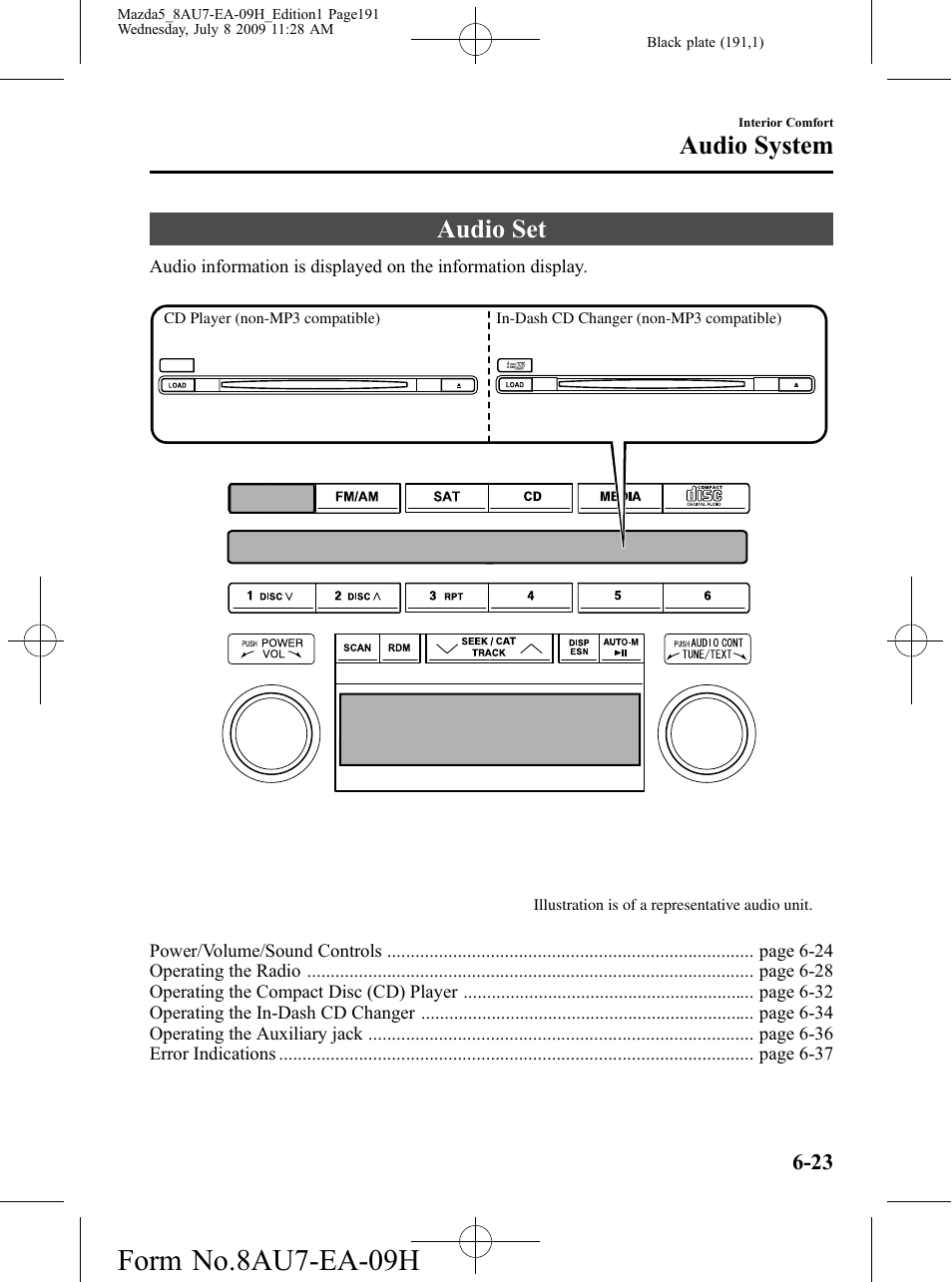 Audio set, Audio set -23, Form no.8au7-ea-09h | Audio system | Mazda 2010 5 User Manual | Page 191 / 388