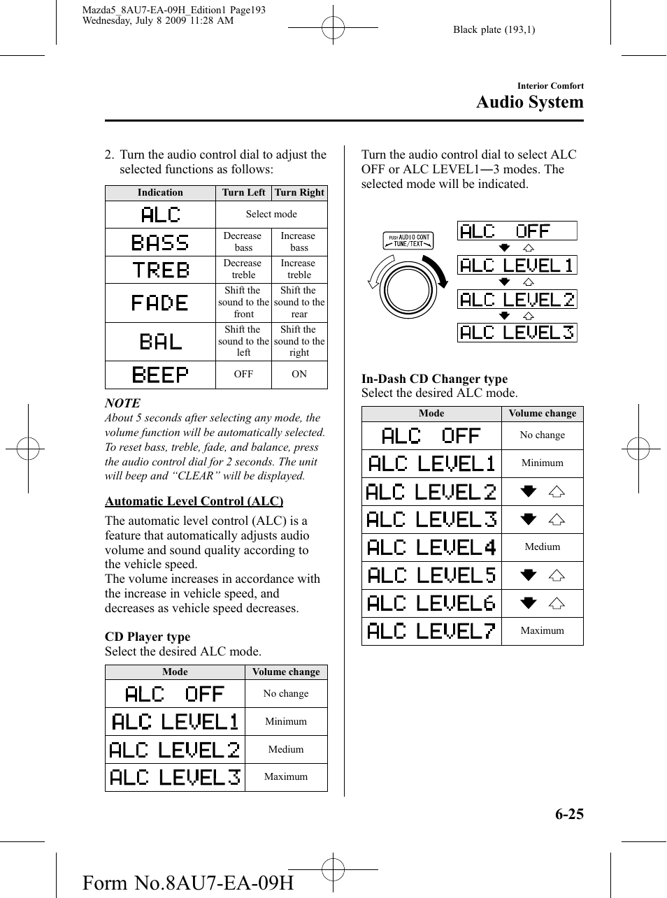 Form no.8au7-ea-09h, Audio system | Mazda 2010 5 User Manual | Page 193 / 388