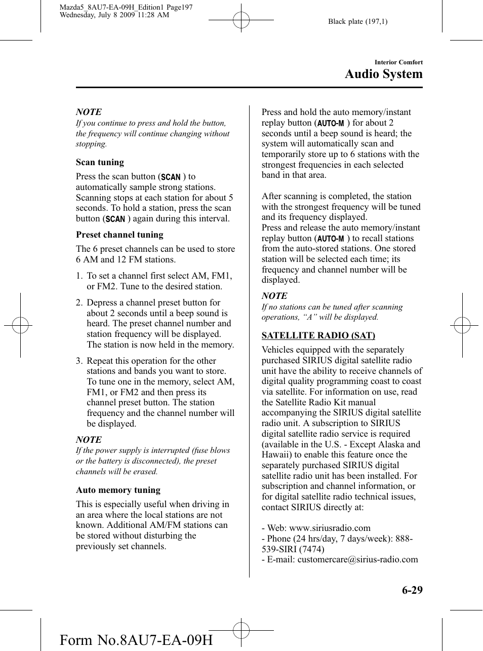 Form no.8au7-ea-09h, Audio system | Mazda 2010 5 User Manual | Page 197 / 388