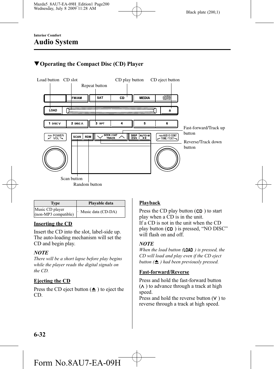 Form no.8au7-ea-09h, Audio system | Mazda 2010 5 User Manual | Page 200 / 388