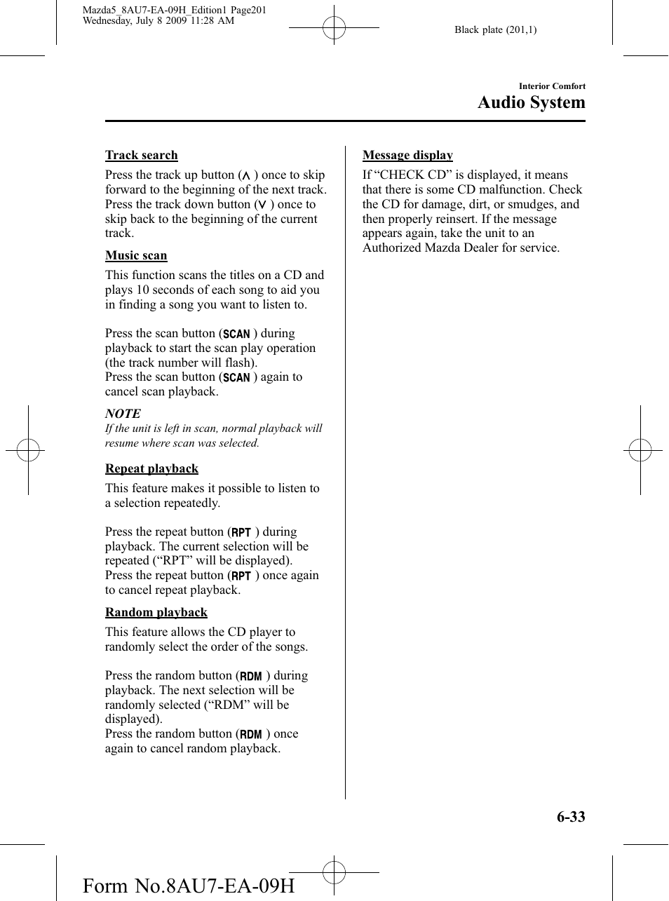 Form no.8au7-ea-09h, Audio system | Mazda 2010 5 User Manual | Page 201 / 388