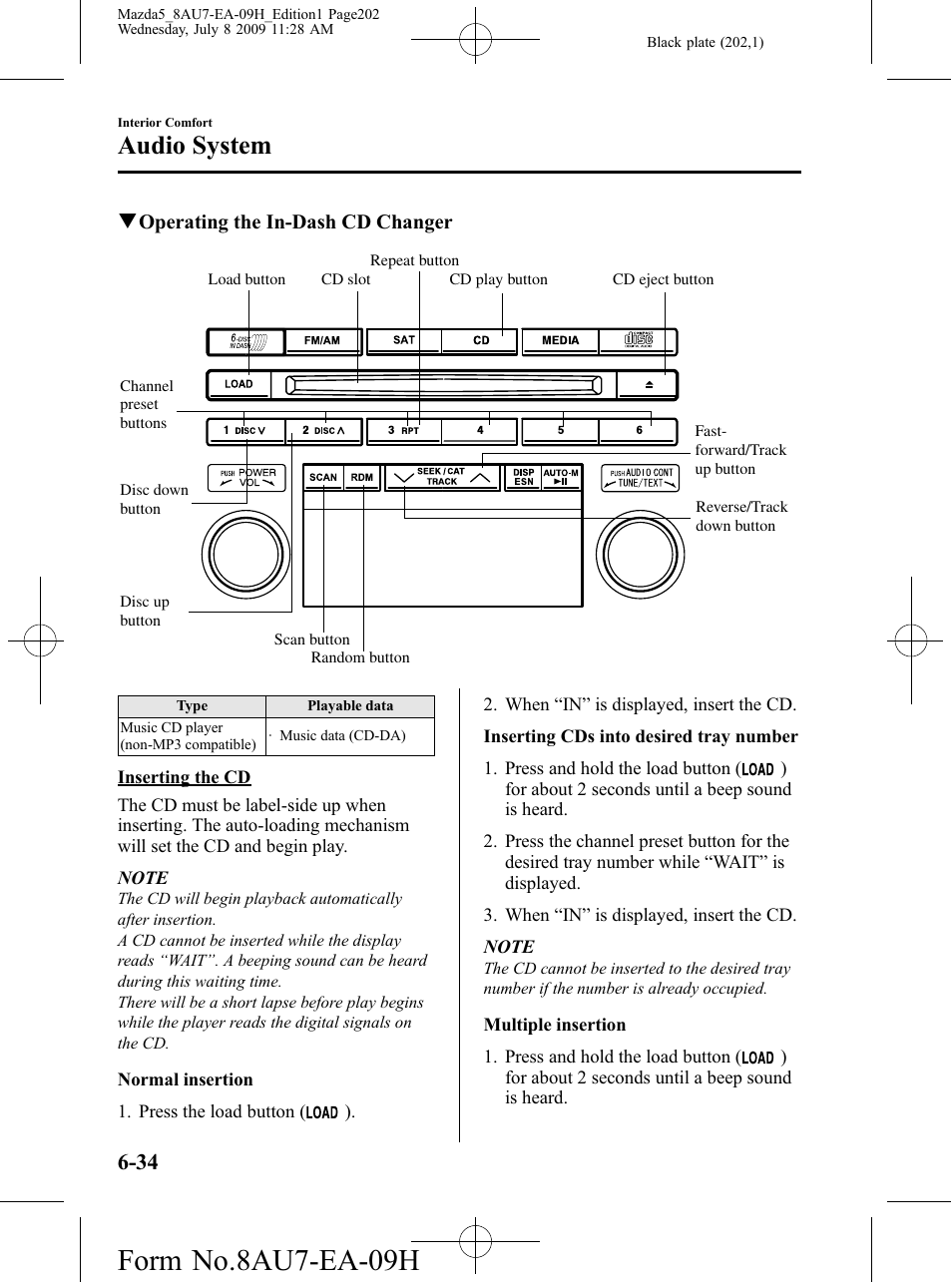 Form no.8au7-ea-09h, Audio system | Mazda 2010 5 User Manual | Page 202 / 388