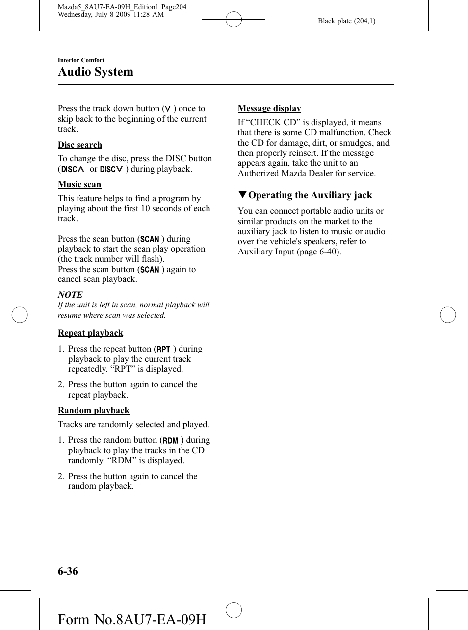 Form no.8au7-ea-09h, Audio system | Mazda 2010 5 User Manual | Page 204 / 388