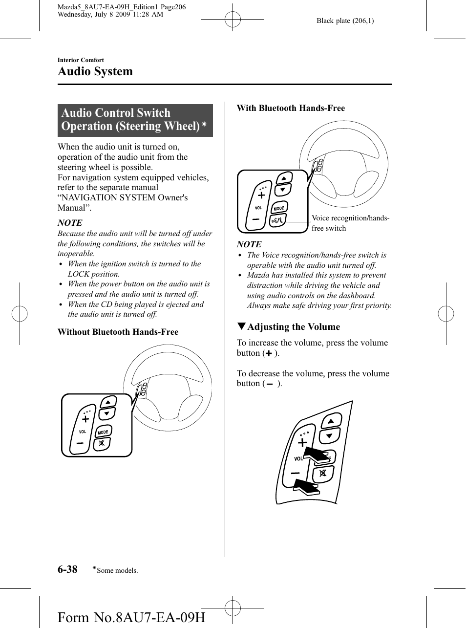 Audio control switch operation (steering wheel), Form no.8au7-ea-09h, Audio system | Qadjusting the volume | Mazda 2010 5 User Manual | Page 206 / 388