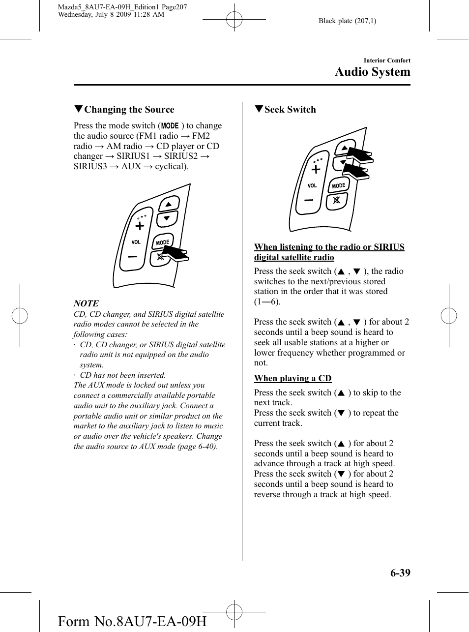 Form no.8au7-ea-09h, Audio system | Mazda 2010 5 User Manual | Page 207 / 388