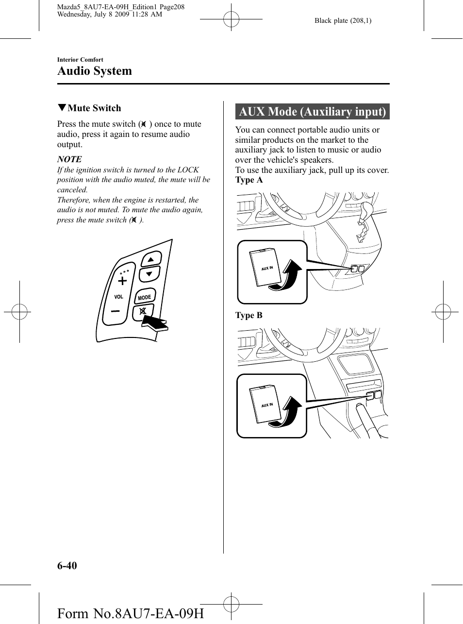 Aux mode (auxiliary input), Aux mode (auxiliary input) -40, Form no.8au7-ea-09h | Audio system | Mazda 2010 5 User Manual | Page 208 / 388