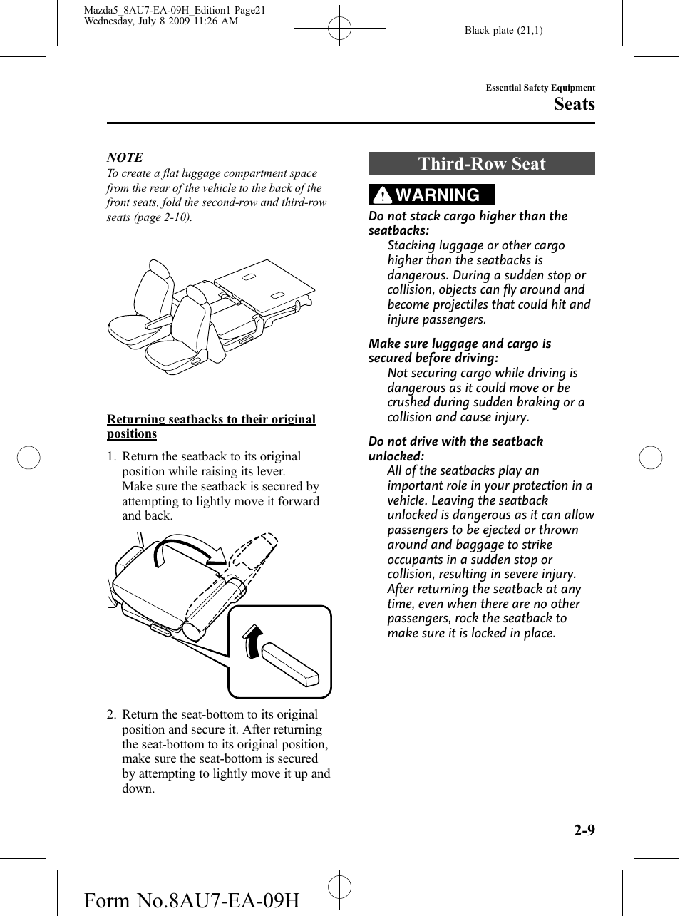 Third-row seat, Third-row seat -9, Form no.8au7-ea-09h | Seats, Warning | Mazda 2010 5 User Manual | Page 21 / 388