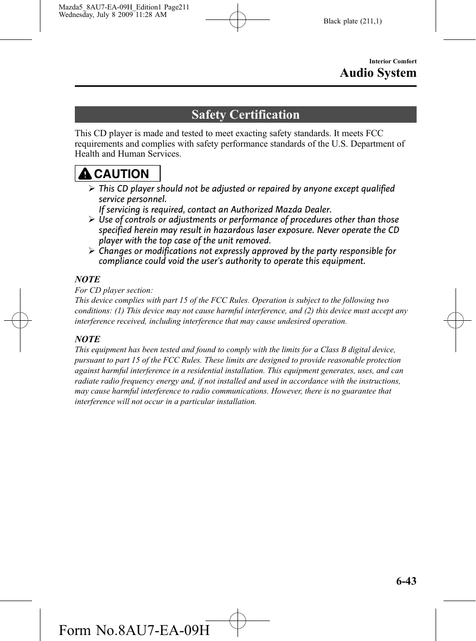 Safety certification, Safety certification -43, Form no.8au7-ea-09h | Audio system, Caution | Mazda 2010 5 User Manual | Page 211 / 388