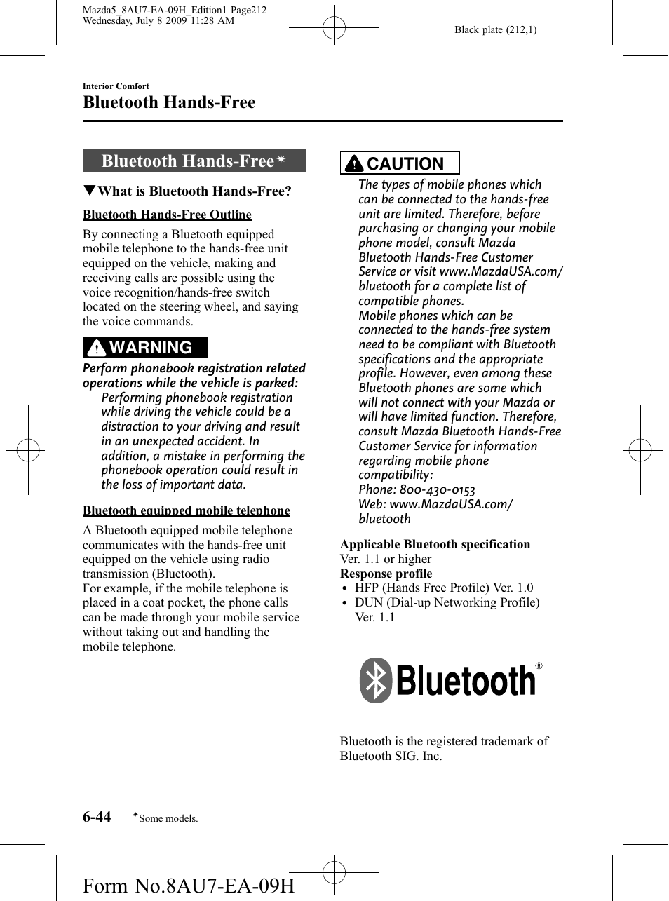 Bluetooth hands-free, Bluetooth hands-free -44, Form no.8au7-ea-09h | Warning, Caution | Mazda 2010 5 User Manual | Page 212 / 388