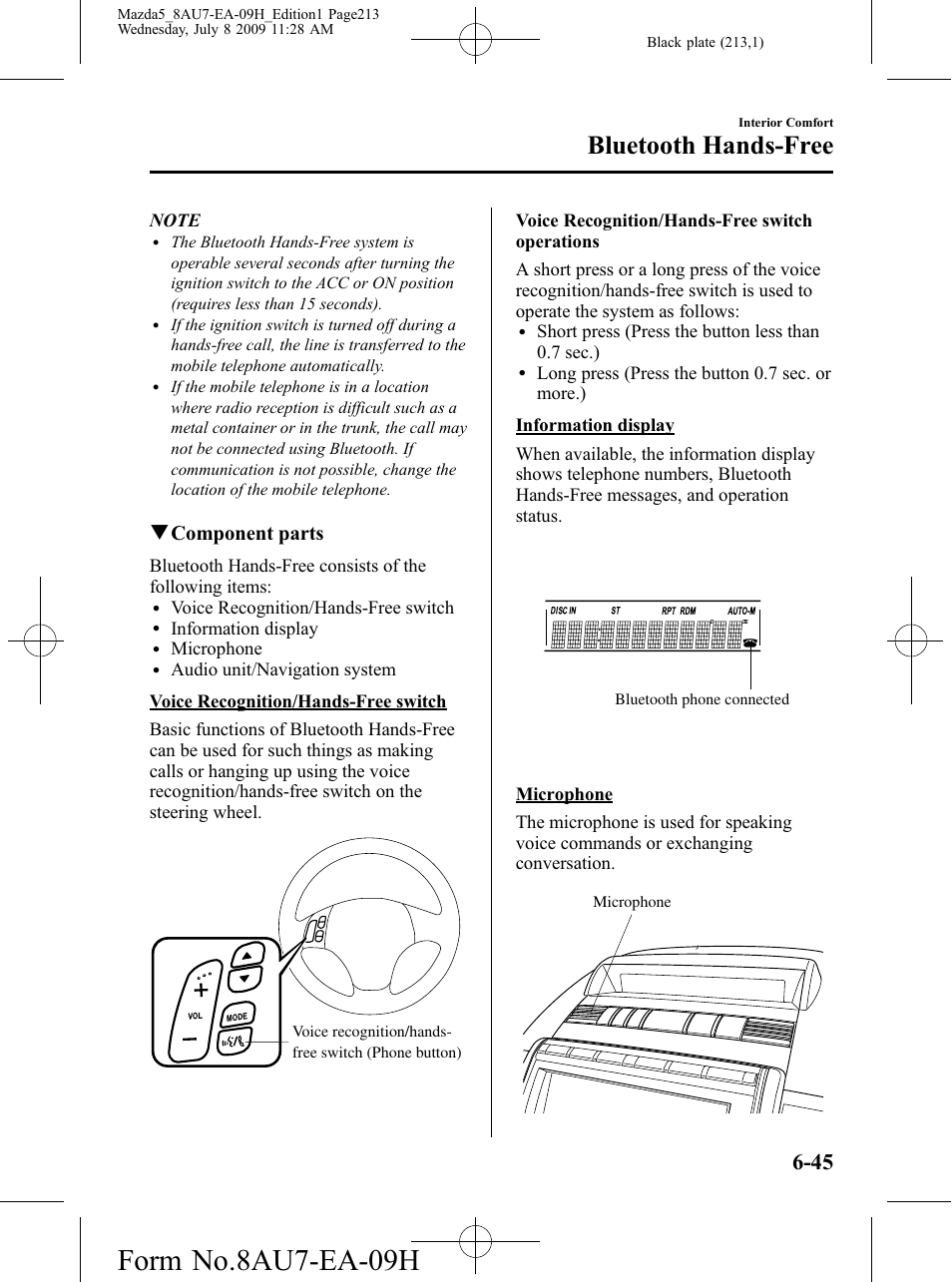 Form no.8au7-ea-09h, Bluetooth hands-free, Qcomponent parts | Mazda 2010 5 User Manual | Page 213 / 388