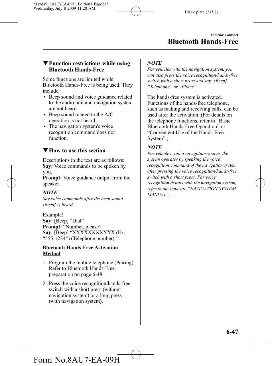 Form no.8au7-ea-09h, Bluetooth hands-free | Mazda 2010 5 User Manual | Page 215 / 388