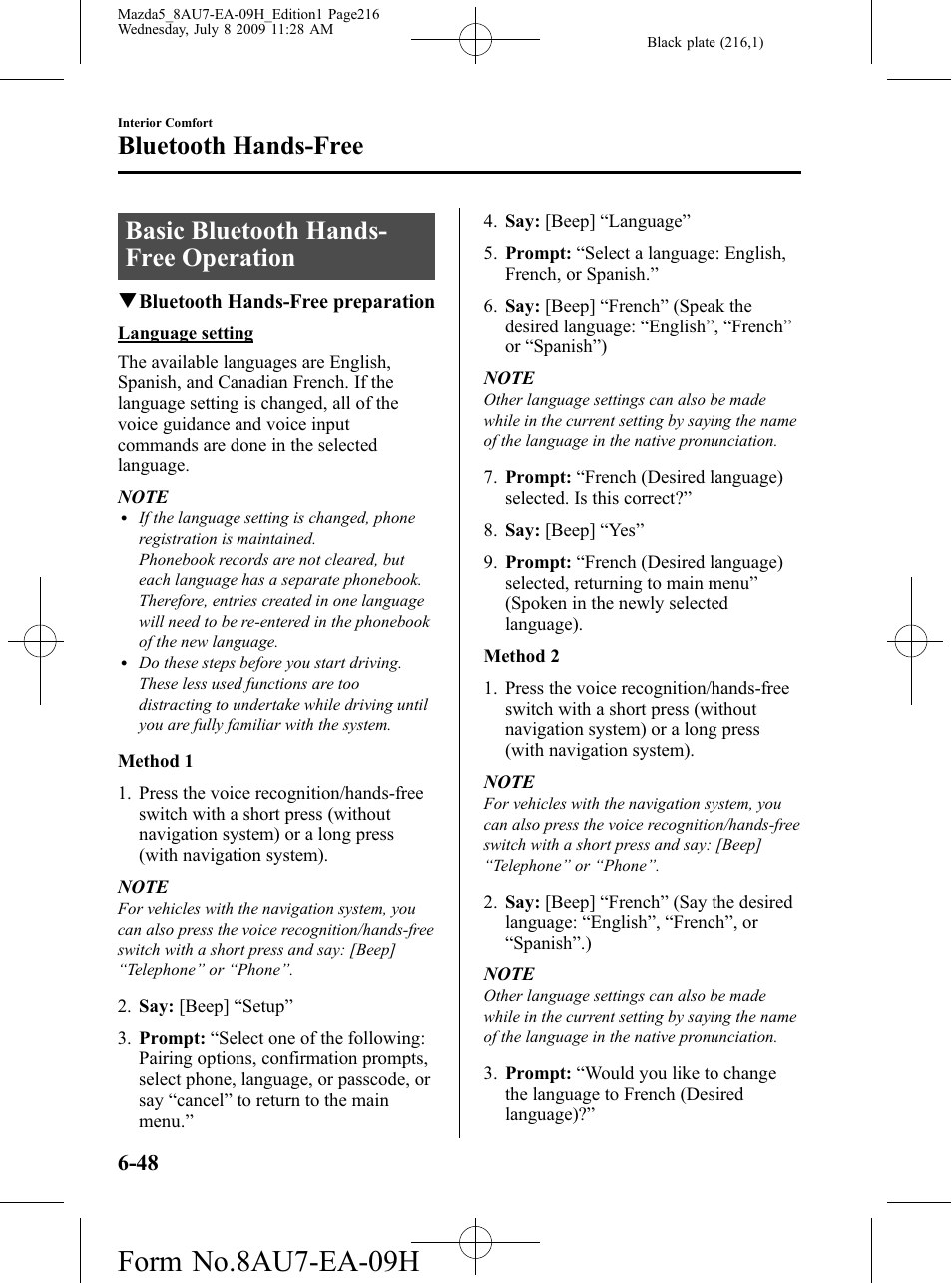 Basic bluetooth hands-free operation, Basic bluetooth hands-free operation -48, Form no.8au7-ea-09h | Basic bluetooth hands- free operation, Bluetooth hands-free | Mazda 2010 5 User Manual | Page 216 / 388
