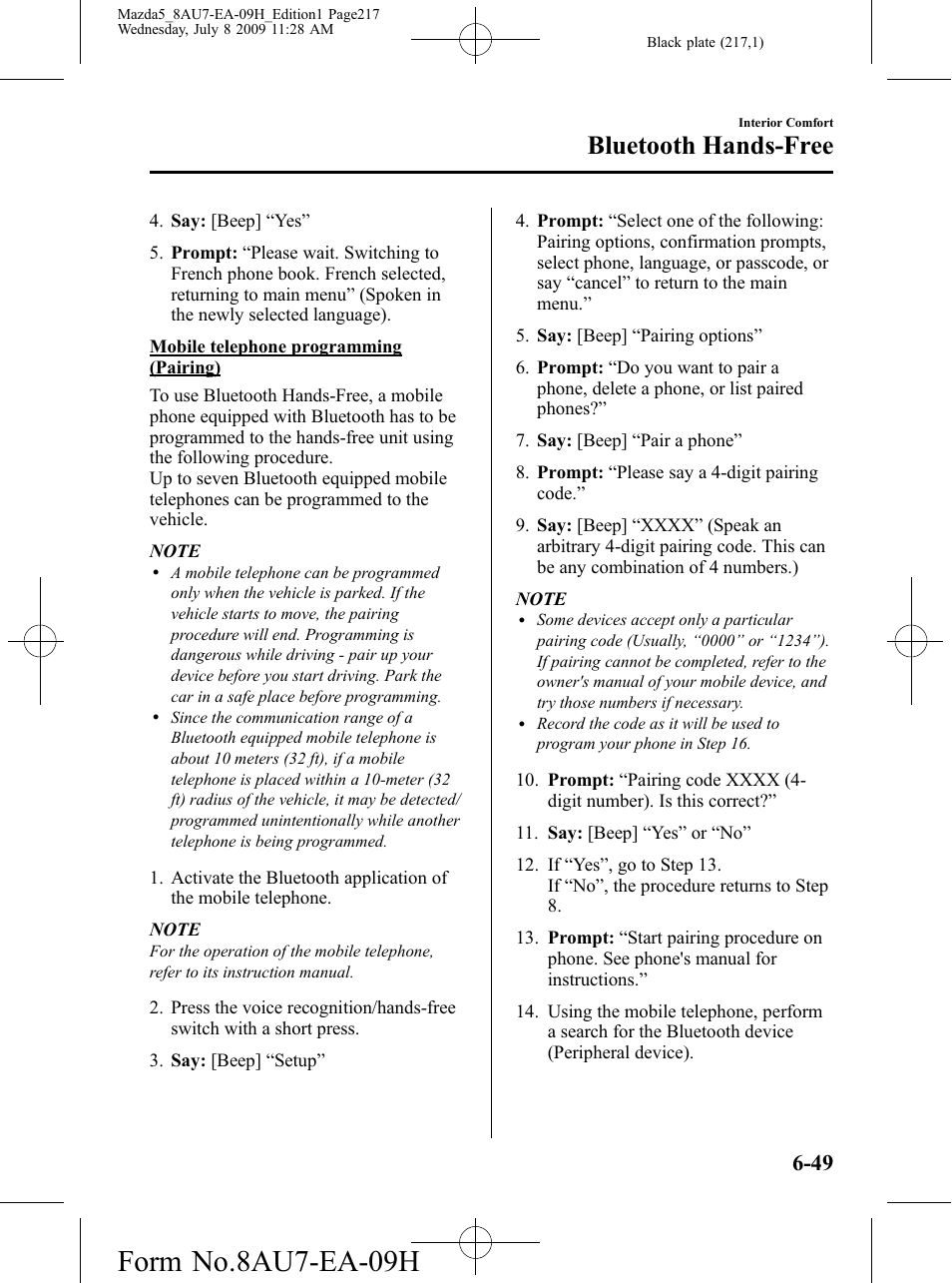 Form no.8au7-ea-09h, Bluetooth hands-free | Mazda 2010 5 User Manual | Page 217 / 388