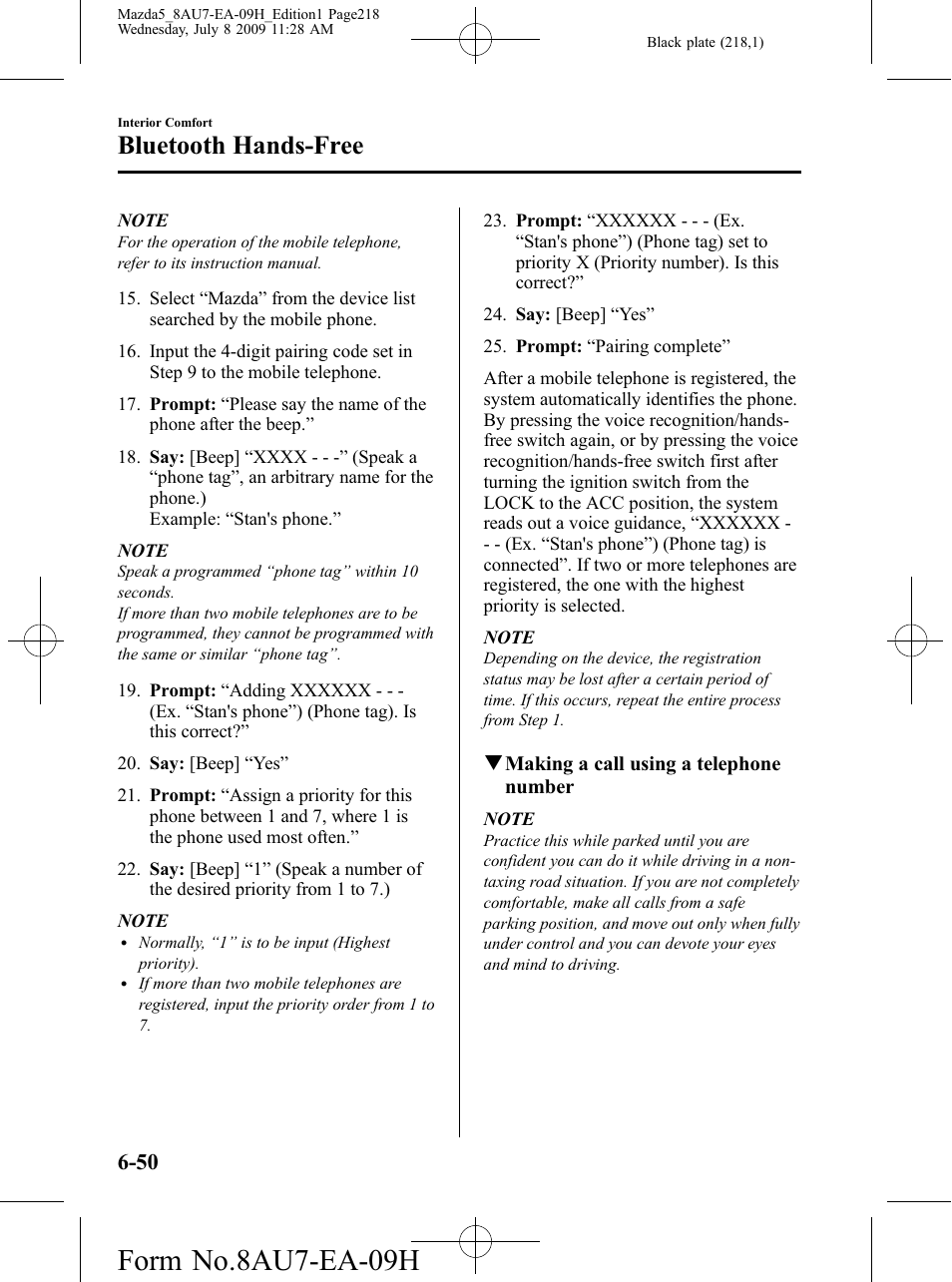 Form no.8au7-ea-09h, Bluetooth hands-free | Mazda 2010 5 User Manual | Page 218 / 388