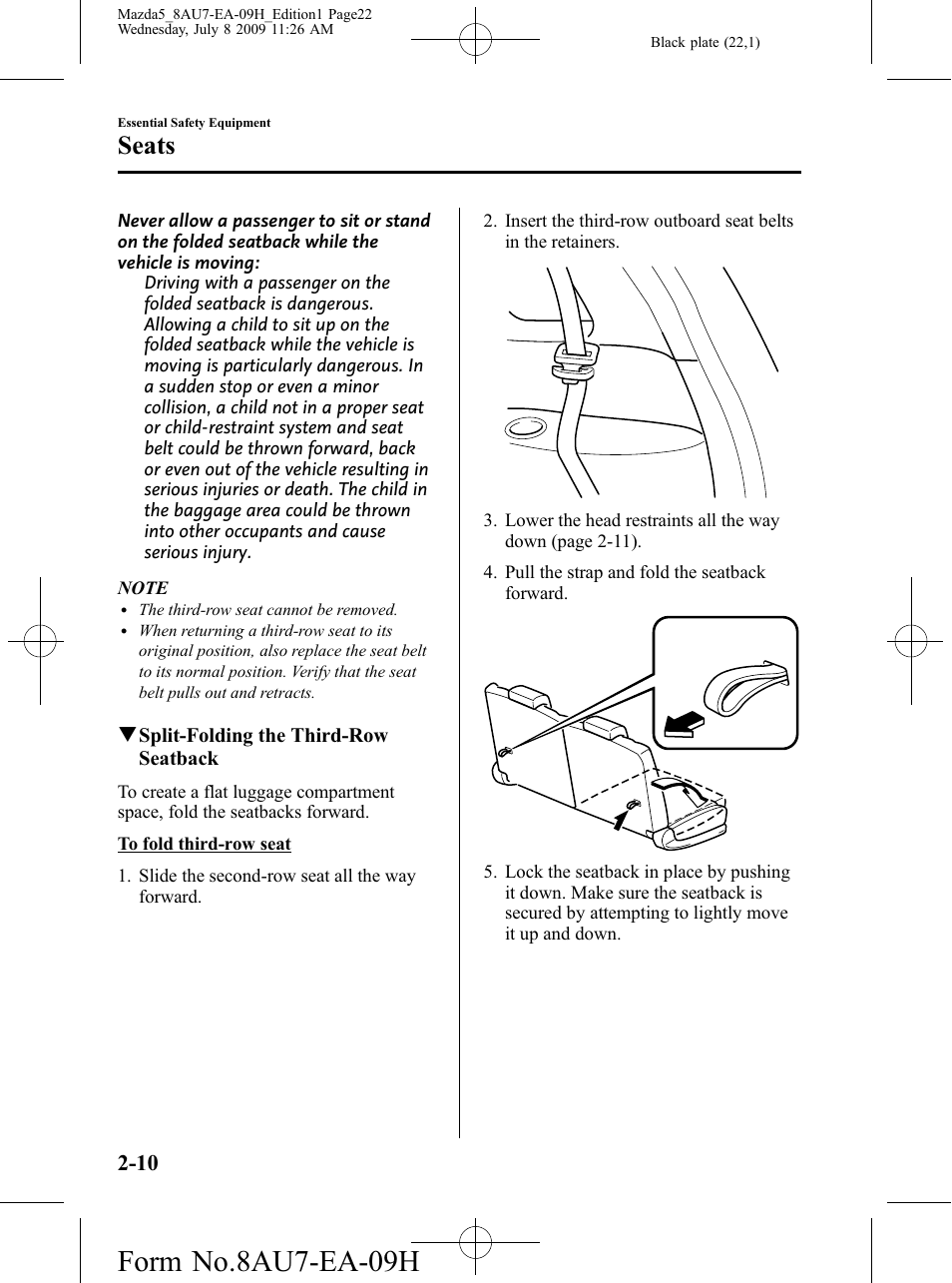 Form no.8au7-ea-09h, Seats | Mazda 2010 5 User Manual | Page 22 / 388