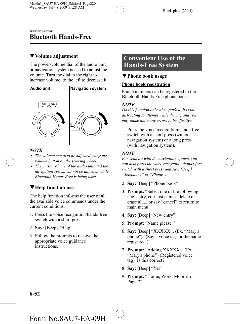Convenient use of the hands-free system, Convenient use of the hands-free system -52, Form no.8au7-ea-09h | Bluetooth hands-free | Mazda 2010 5 User Manual | Page 220 / 388