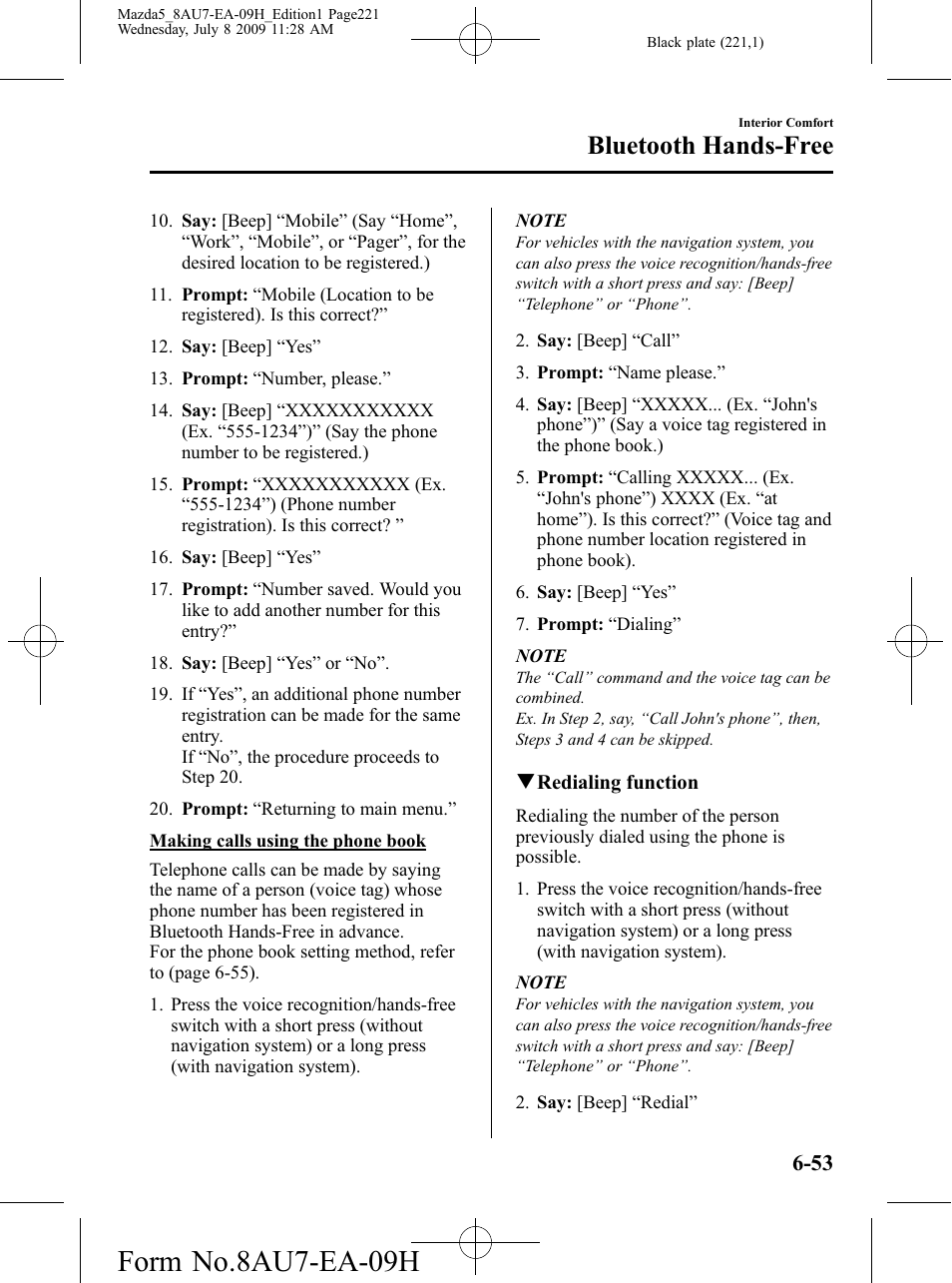 Form no.8au7-ea-09h, Bluetooth hands-free | Mazda 2010 5 User Manual | Page 221 / 388