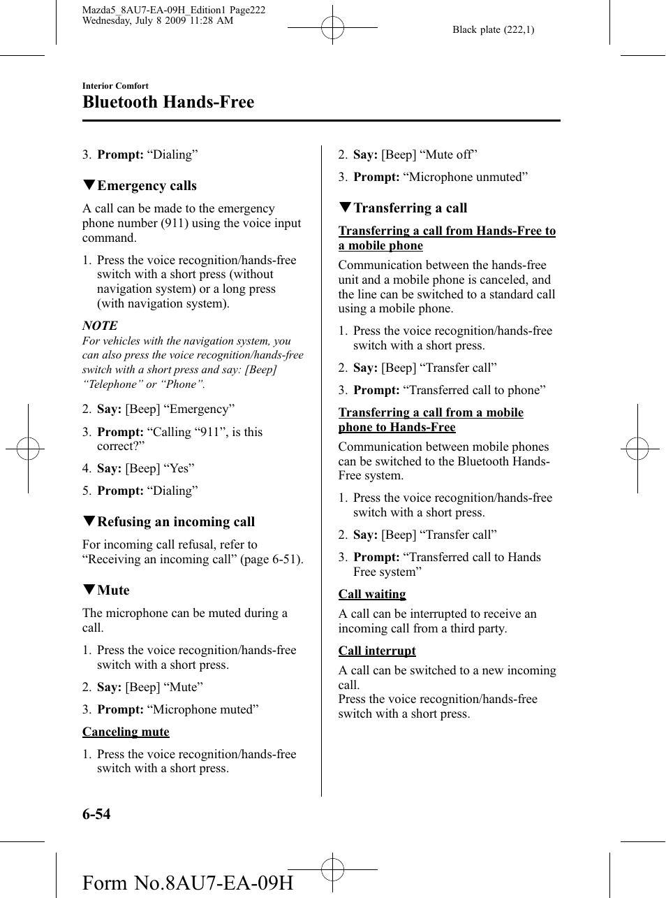 Form no.8au7-ea-09h, Bluetooth hands-free | Mazda 2010 5 User Manual | Page 222 / 388