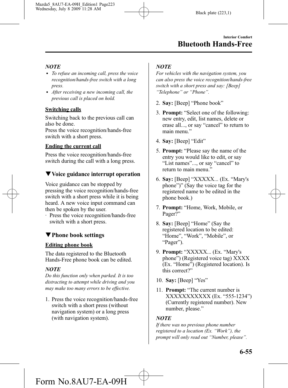 Form no.8au7-ea-09h, Bluetooth hands-free | Mazda 2010 5 User Manual | Page 223 / 388