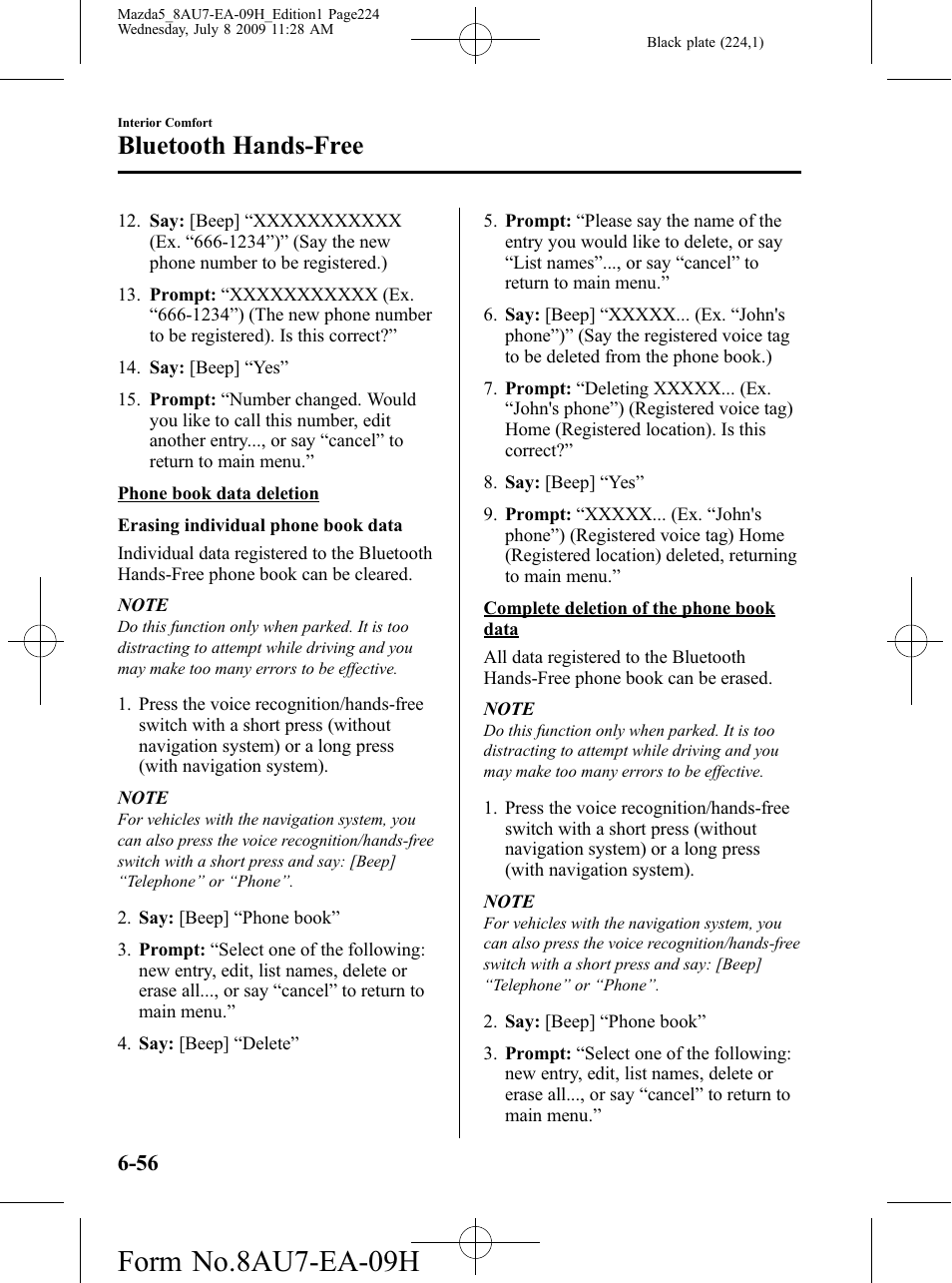 Form no.8au7-ea-09h, Bluetooth hands-free | Mazda 2010 5 User Manual | Page 224 / 388