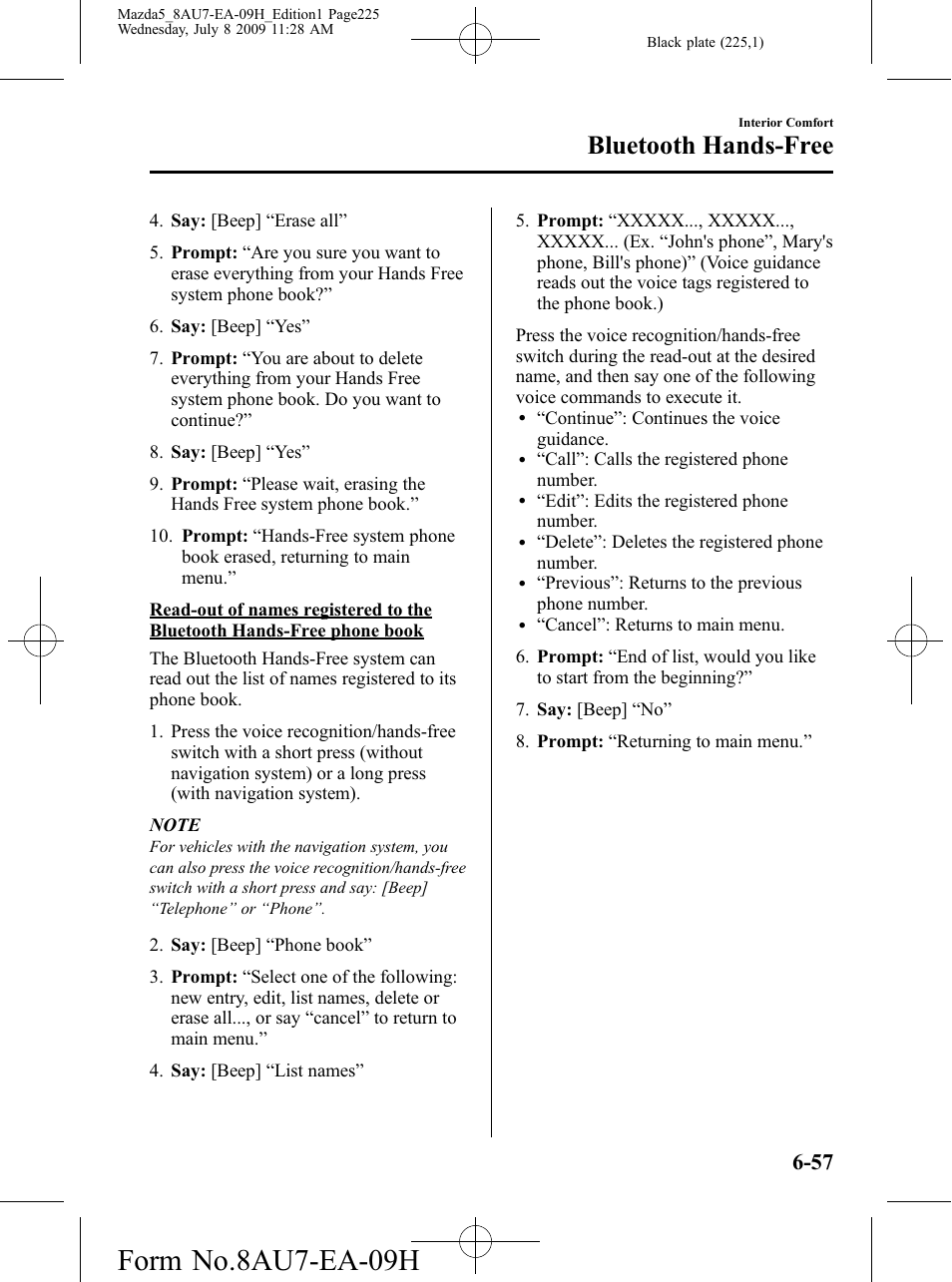 Form no.8au7-ea-09h, Bluetooth hands-free | Mazda 2010 5 User Manual | Page 225 / 388