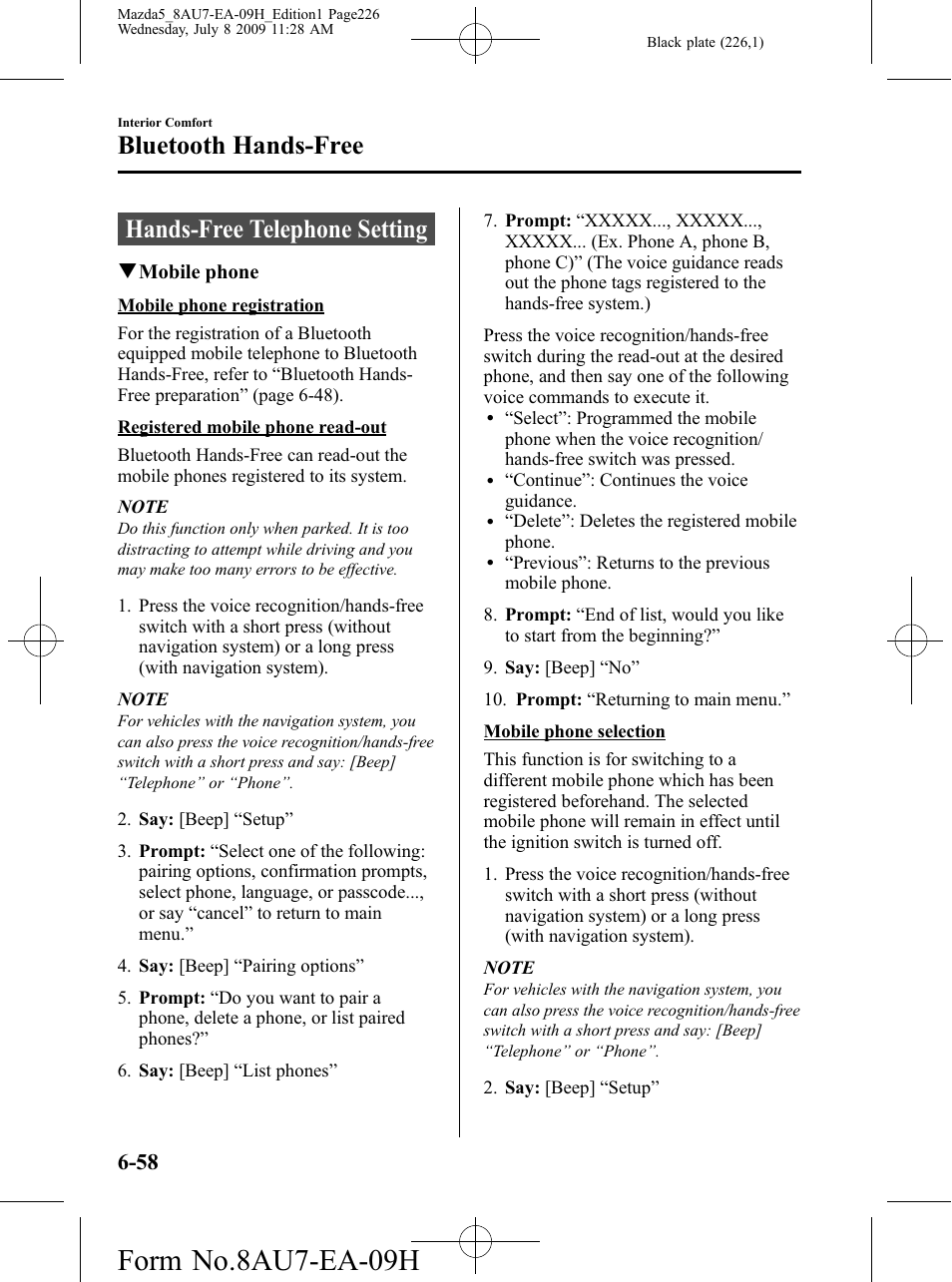 Hands-free telephone setting, Hands-free telephone setting -58, Form no.8au7-ea-09h | Bluetooth hands-free | Mazda 2010 5 User Manual | Page 226 / 388