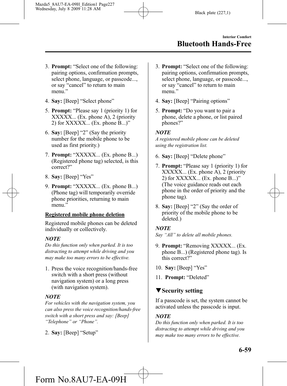 Form no.8au7-ea-09h, Bluetooth hands-free | Mazda 2010 5 User Manual | Page 227 / 388