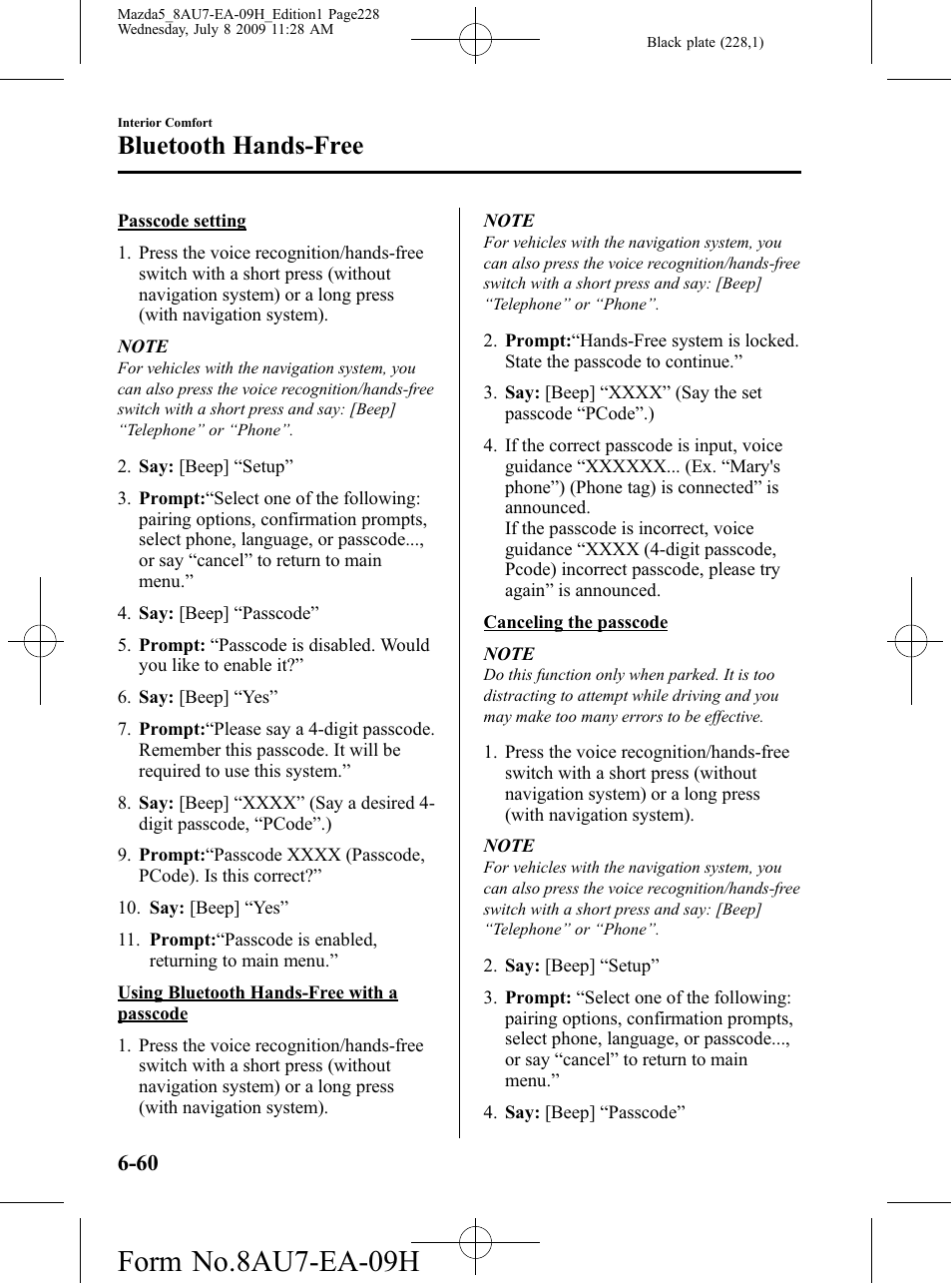 Form no.8au7-ea-09h, Bluetooth hands-free | Mazda 2010 5 User Manual | Page 228 / 388