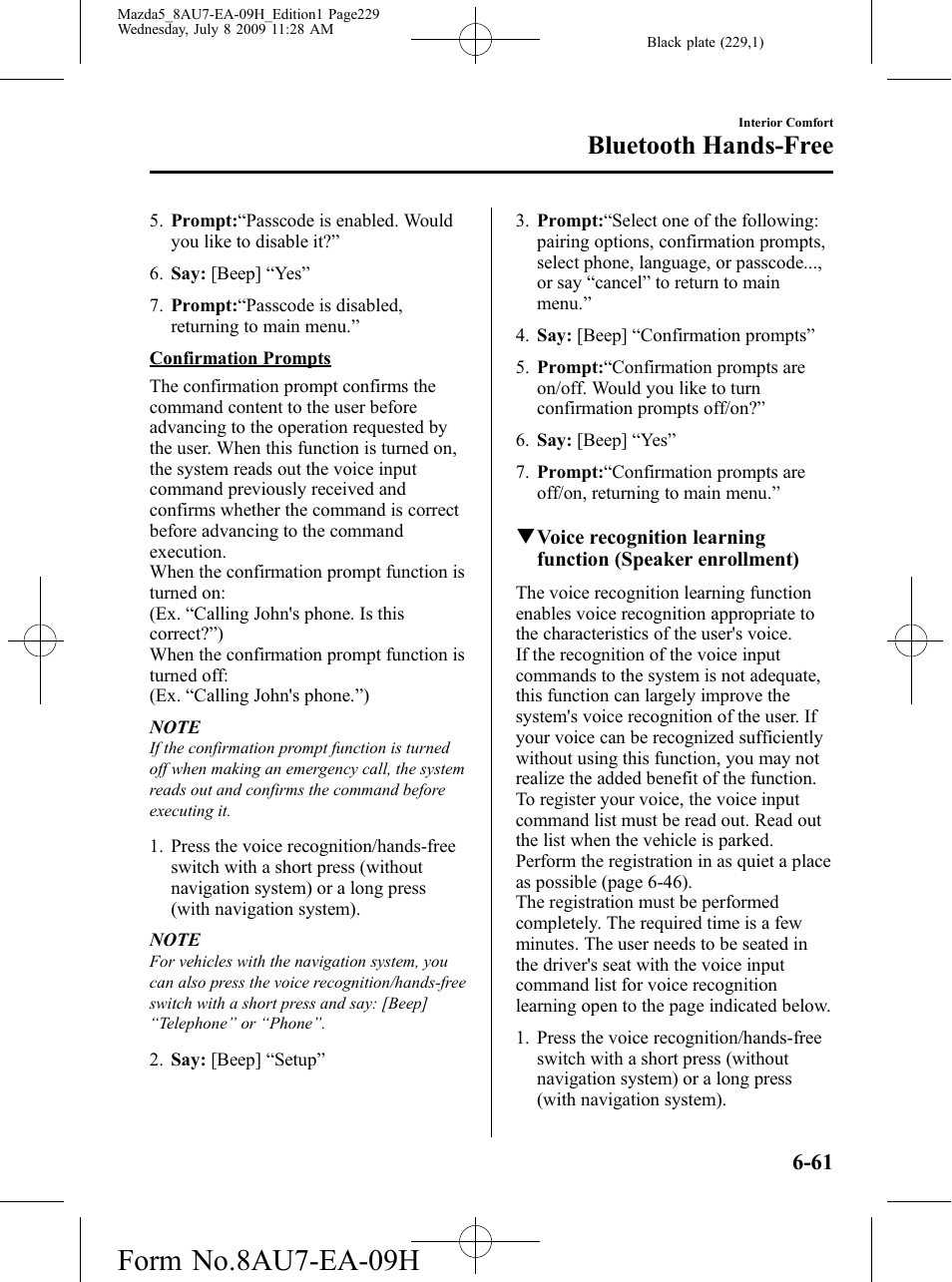 Form no.8au7-ea-09h, Bluetooth hands-free | Mazda 2010 5 User Manual | Page 229 / 388