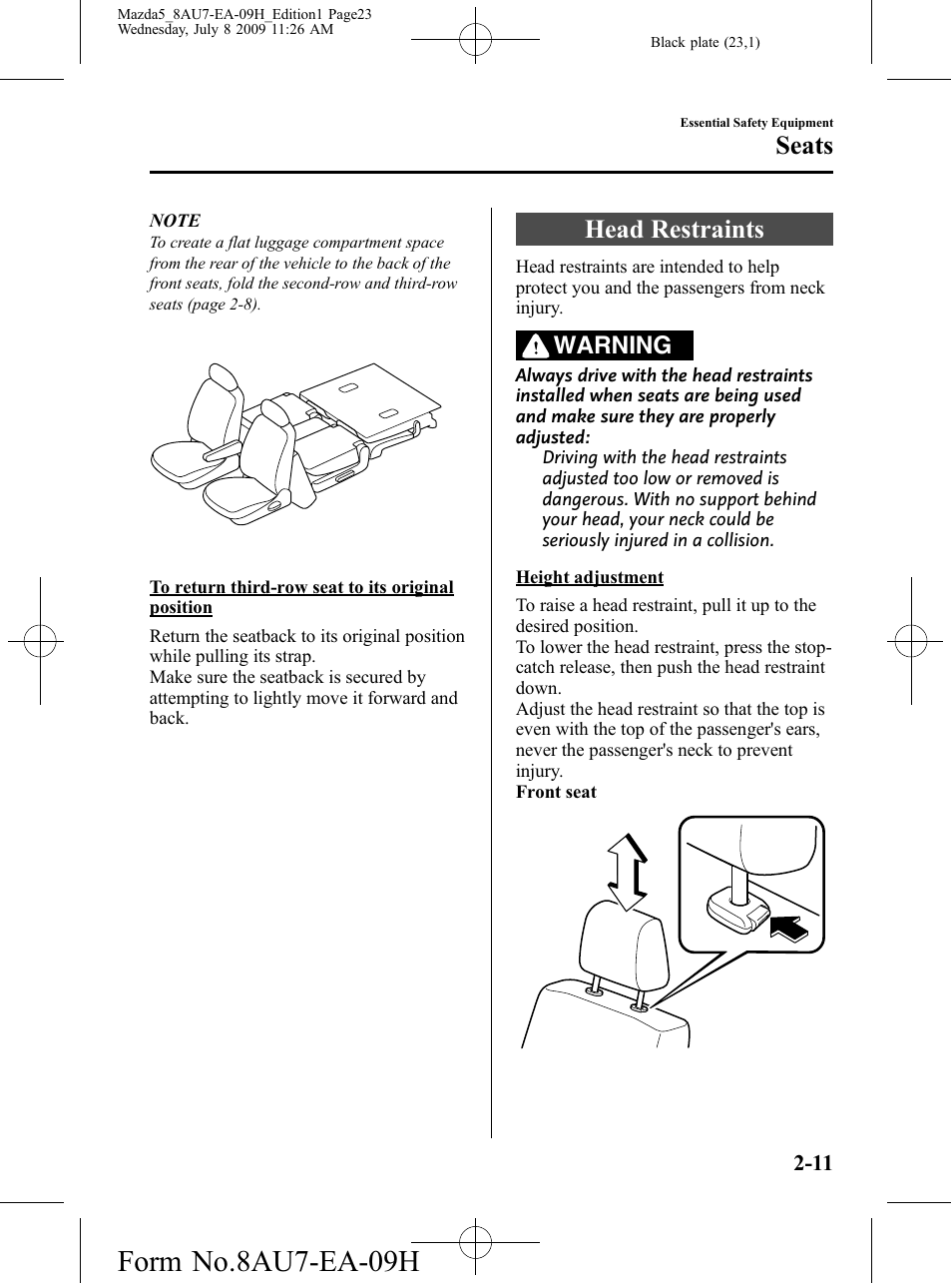 Head restraints, Head restraints -11, Form no.8au7-ea-09h | Seats, Warning | Mazda 2010 5 User Manual | Page 23 / 388
