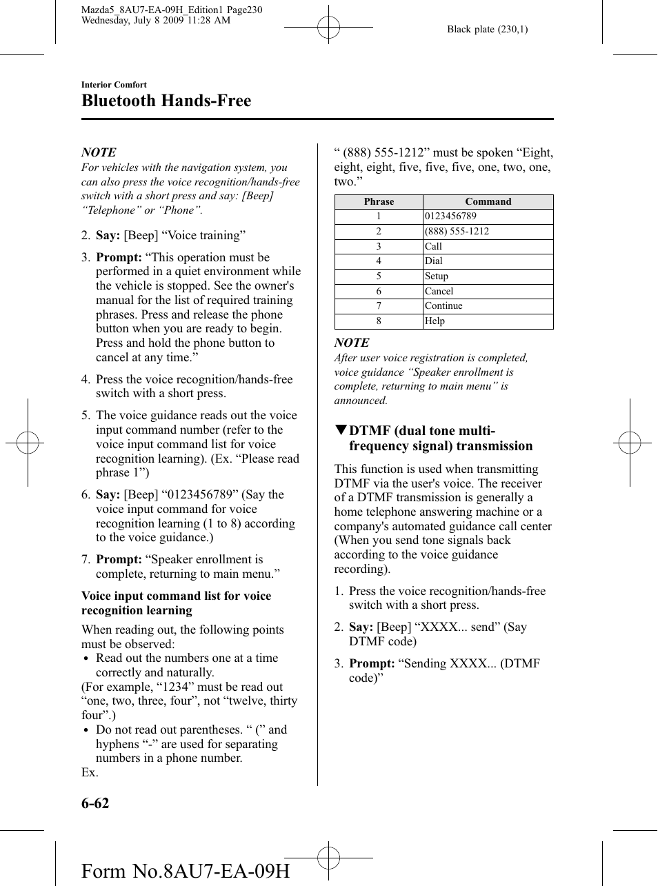 Form no.8au7-ea-09h, Bluetooth hands-free | Mazda 2010 5 User Manual | Page 230 / 388